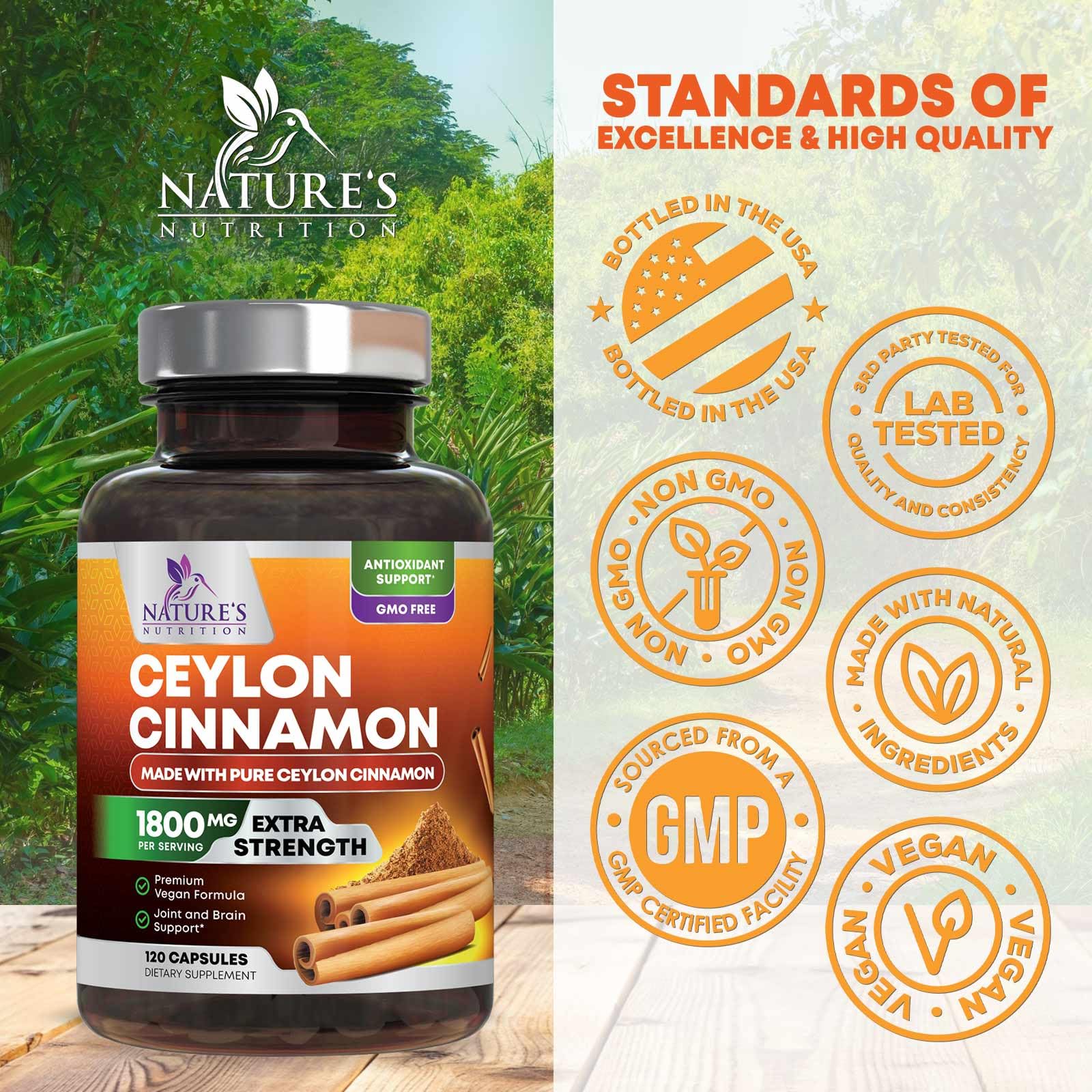 Organic Ceylon Cinnamon Capsules - Extra Strength Certified Organic Ceylon Cinnamon Supplement 1800mg Per Serving - Energy & Heart Support Antioxidant Pill for Women & Men, Bottled USA - 120 Capsules