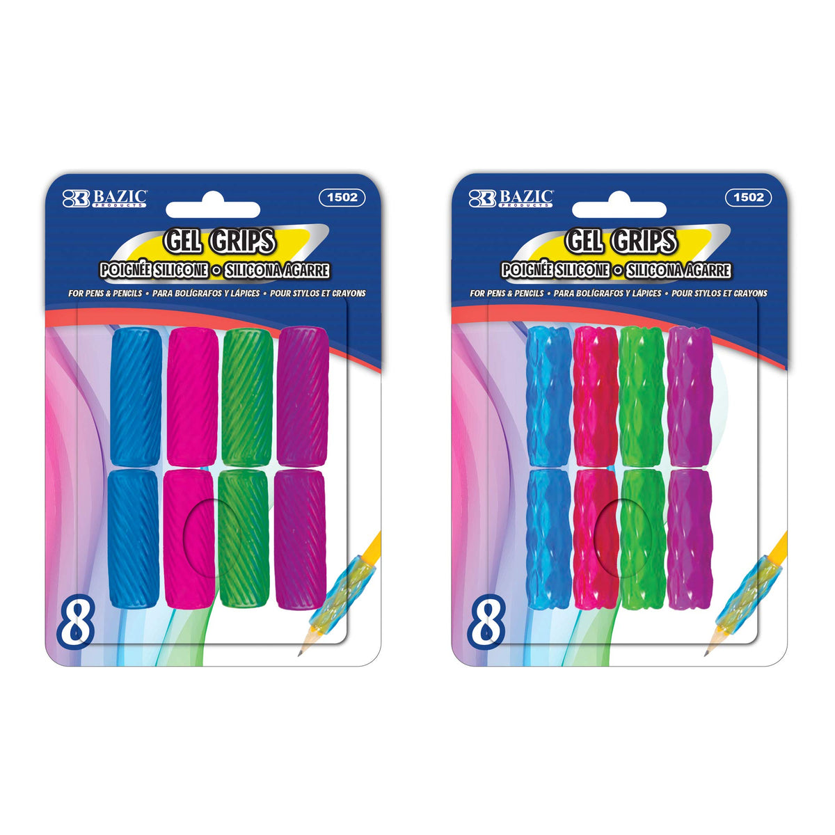BAZIC PRODUCTS Gel Pencil & Pen Grips, Assorted, 8 Ct