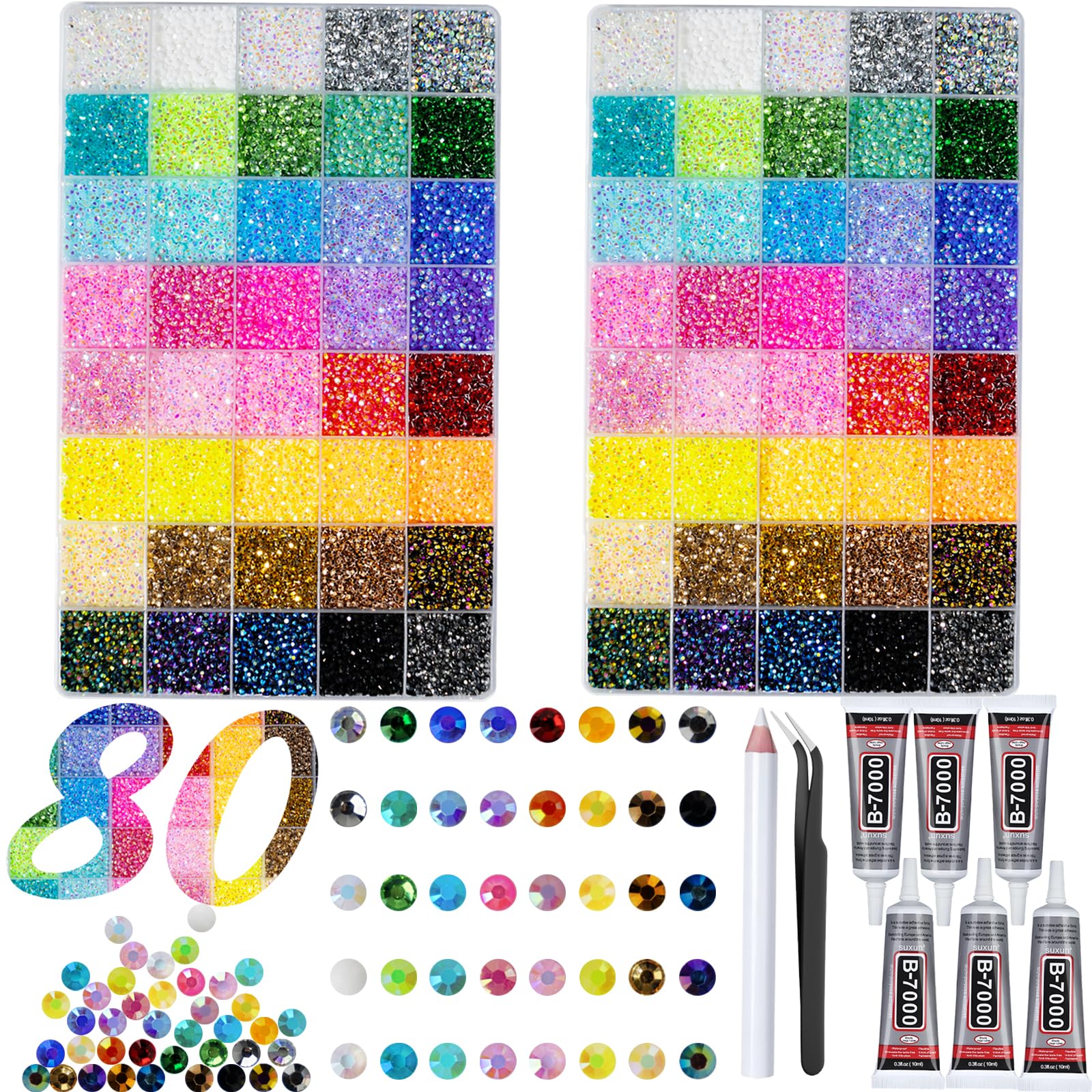 50000+Pcs Rhinestones for Bedazzling Kit 3mm Gems Bedazzler Set | 40 Colors Flat Back Resin Jelly Bedazzled Kits with 3Pcs 10ml B7000 Jewelry Glue for Book Diamond Nail Art, Multicolor
