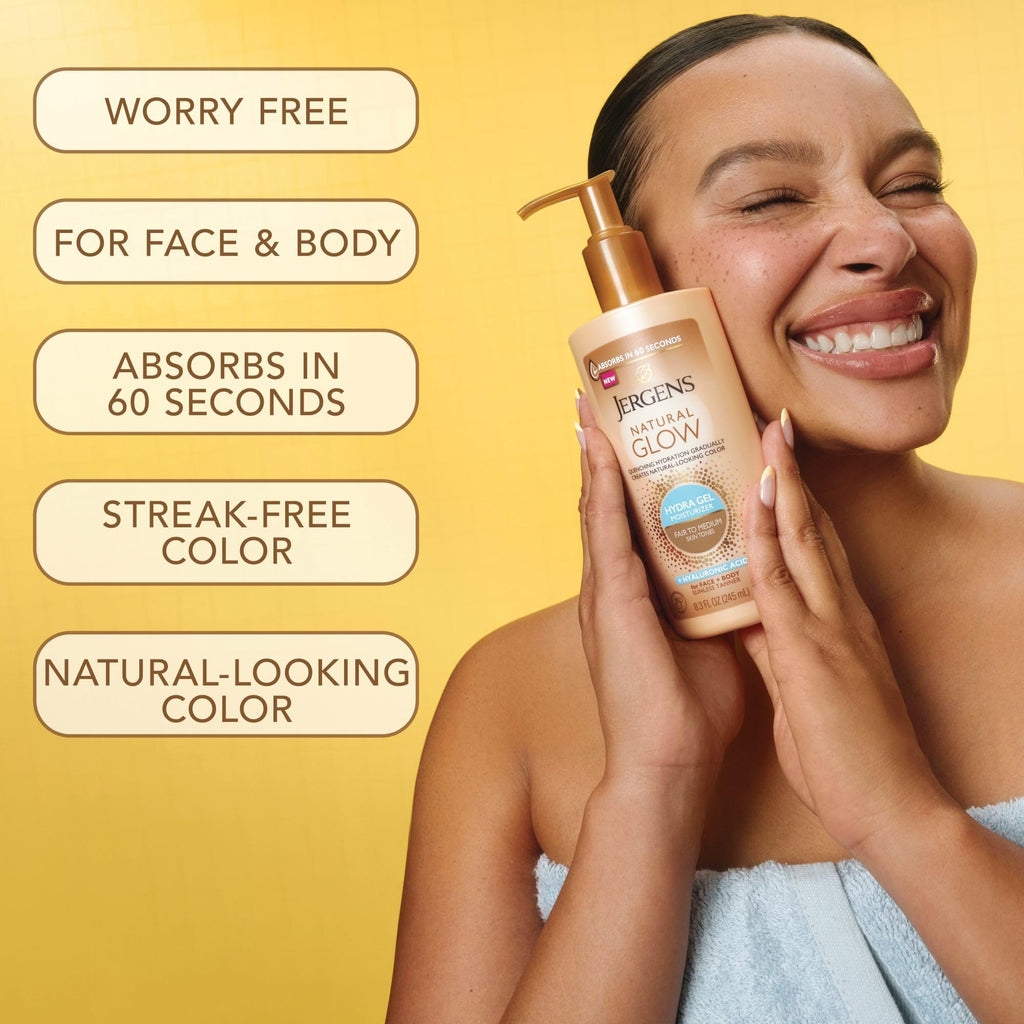Jergens Natural Glow Hydra Gel Self Tanner, Fair to Medium, 8.3 fl oz | Gradual Self Tanning Gel, Hyaluronic Acid, Hydrating, Fragrance-Free, Fair to Medium Skin, Buildable Glow