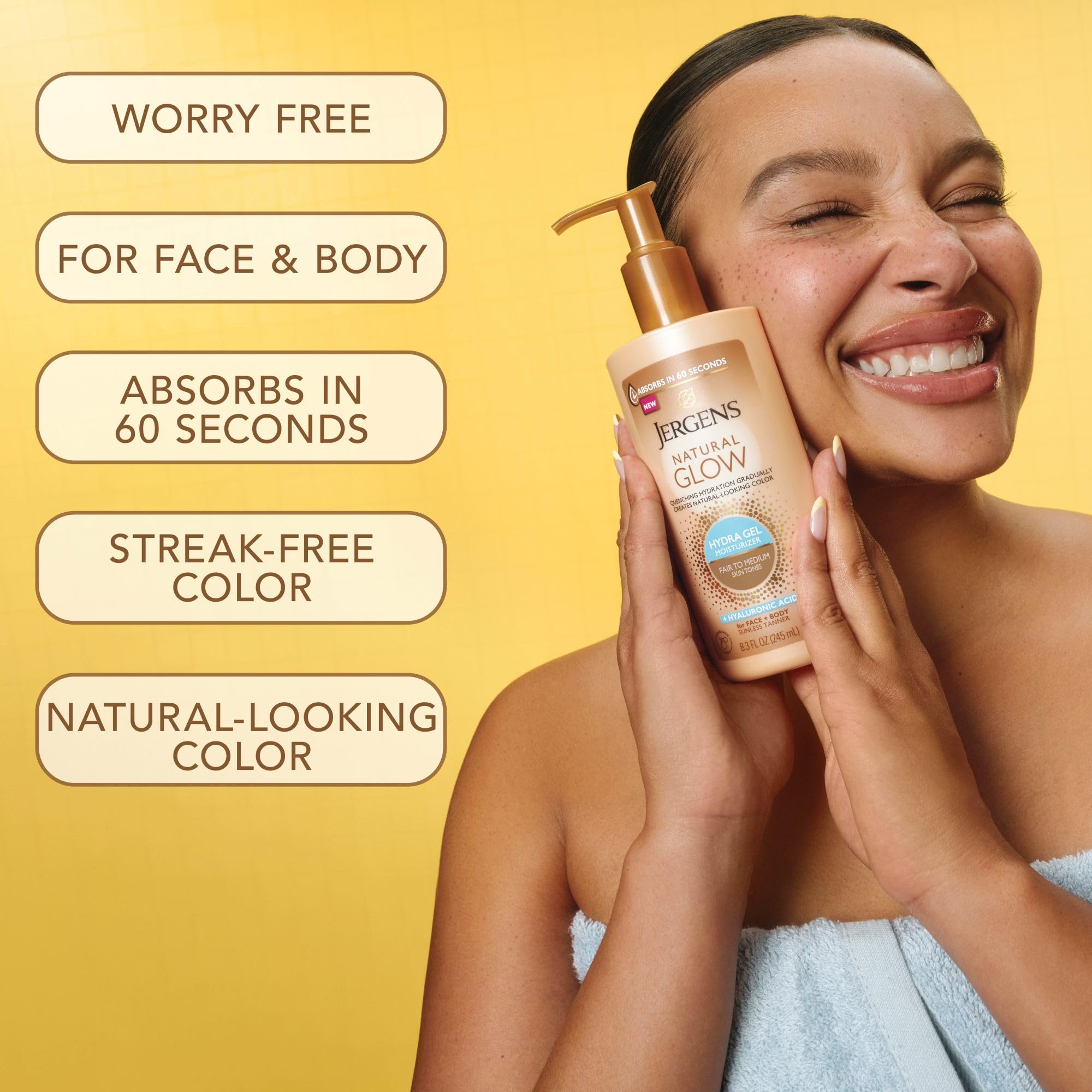 Jergens Natural Glow Hydra Gel Self Tanner, Fair to Medium, 8.3 fl oz | Gradual Self Tanning Gel, Hyaluronic Acid, Hydrating, Fragrance-Free, Fair to Medium Skin, Buildable Glow