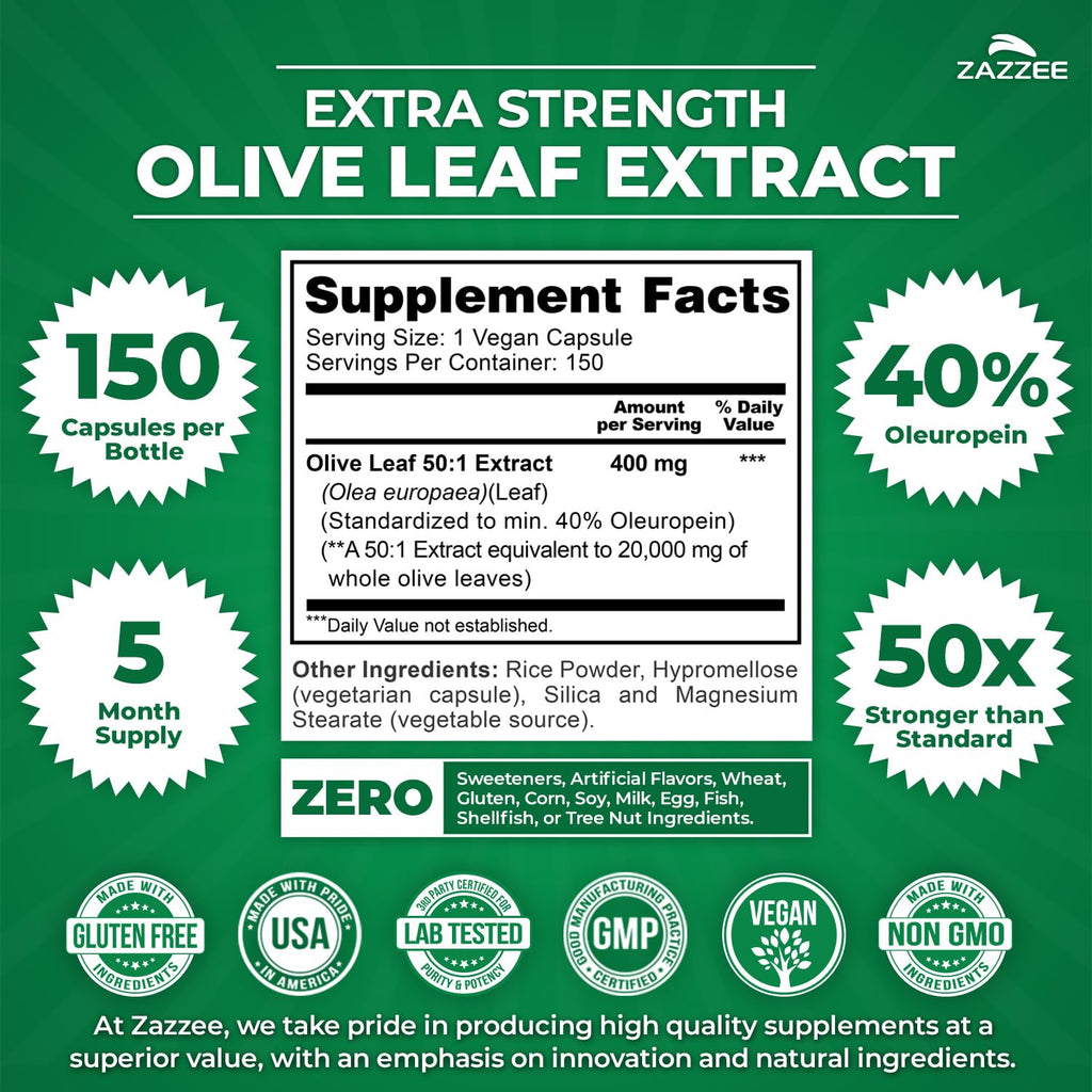 Zazzee Extra Strength Olive Leaf 50:1 Extract, 40% Oleuropein, 150 Capsules