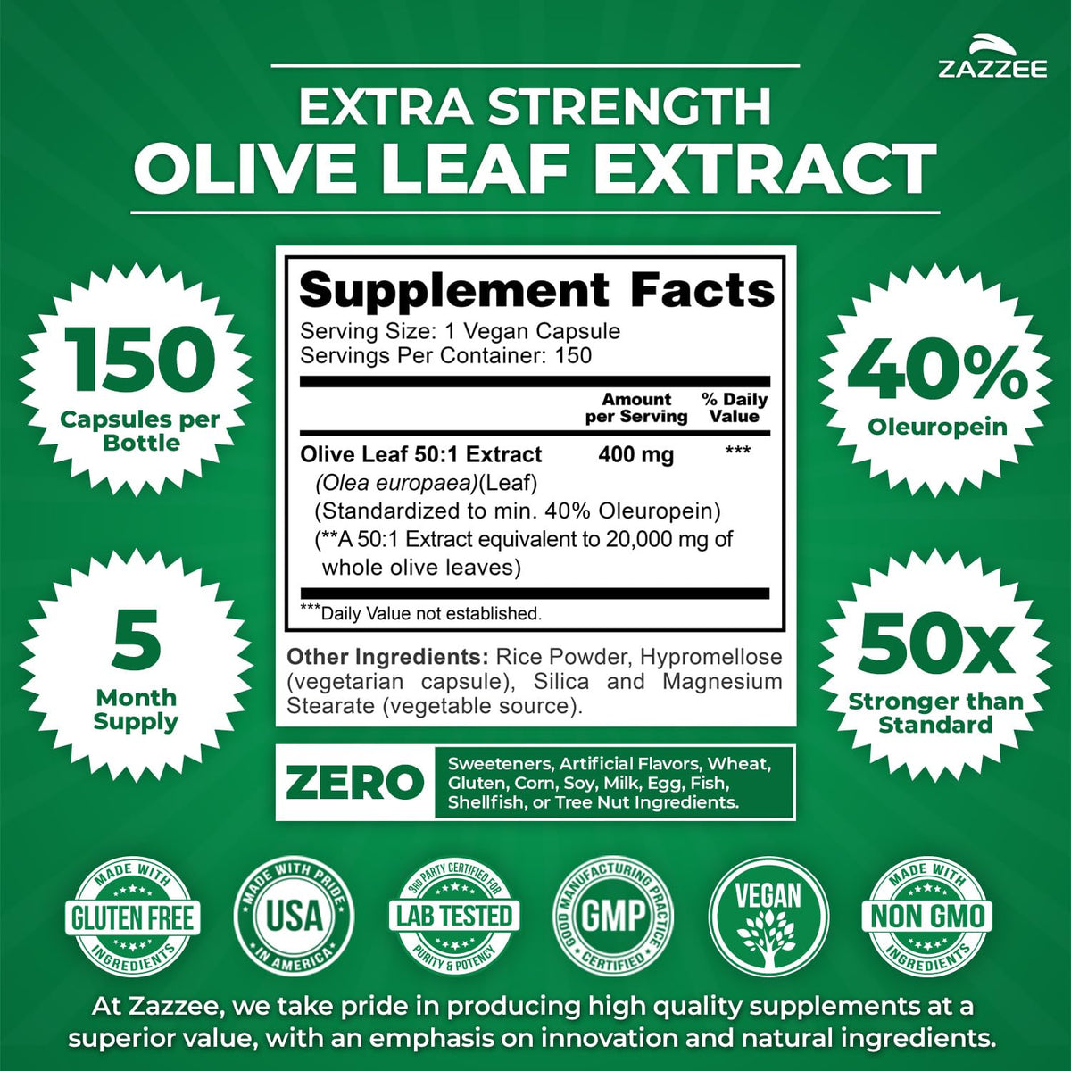 Zazzee Extra Strength Olive Leaf 50:1 Extract, 40% Oleuropein, 150 Capsules