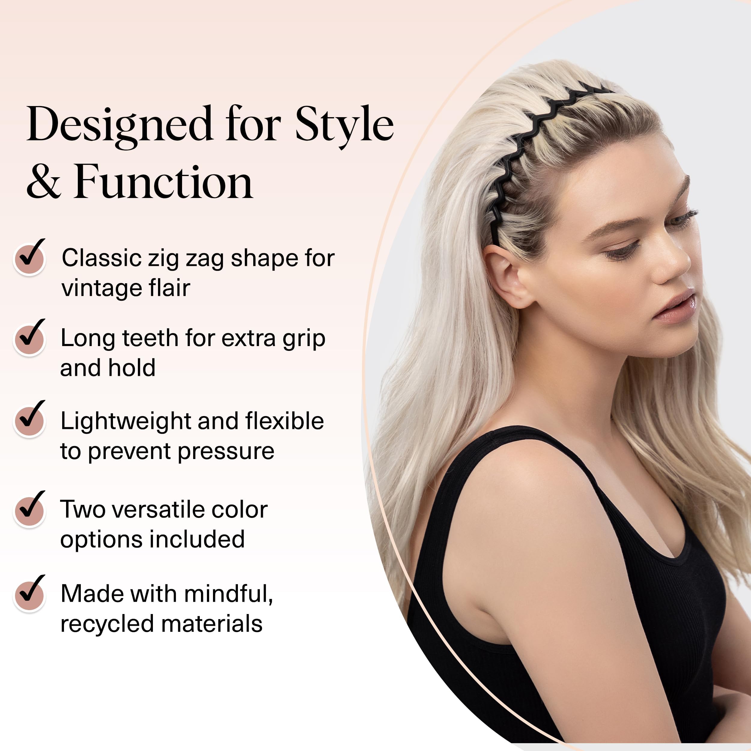 Kitsch Zig Zag Headbands for Women - Black and Tortoise, 2 pcs | Fashion Accessories for Slicked Back Styles | Comfortable Wavy Headbands | Comb Headband with Teeth