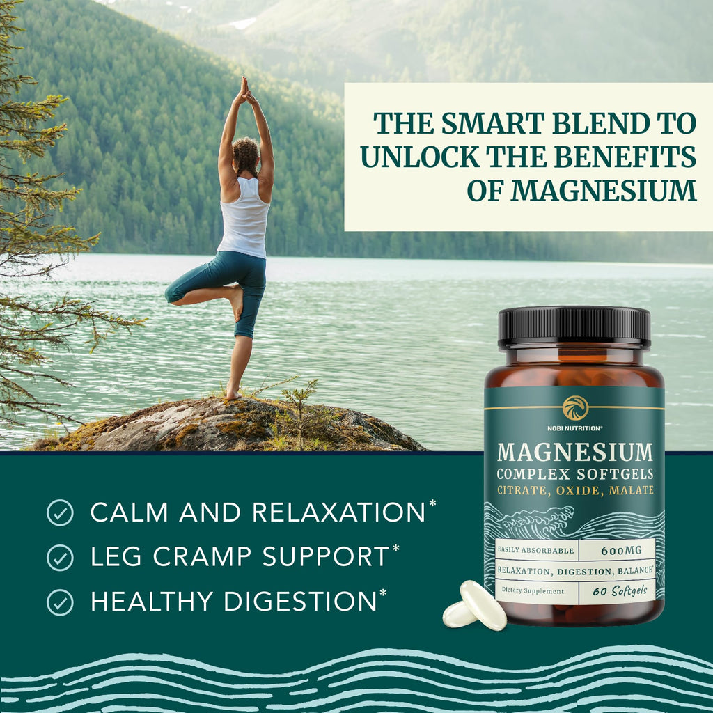 Triple Magnesium Softgels, Citrate Malate & Oxide, Highly Absorbable, 60 Ct | Magnesium Supplement for Digestion, Calm, Relaxation, Leg Cramps & Sleep Support, 600mg Complex, Easy to Swallow, 60 Softgels