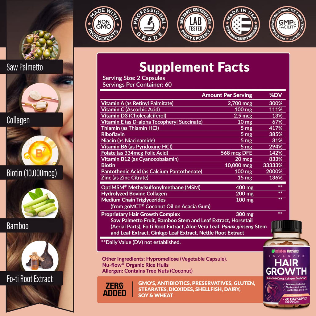 Hair Growth Vitamins for Women | Biotin 10,000mcg, Collagen, Patented OptiMSM®, goMCT®, Saw Palmetto | Naturally Supports Stronger & Healthier Hair, Skin and Nails |Non GMO + Made in USA|60 Day Supply