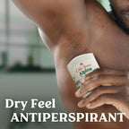 Old Spice Alpine Antiperspirant in hand against bare skin, highlighting dry feel and refreshing scent for all-day protection.