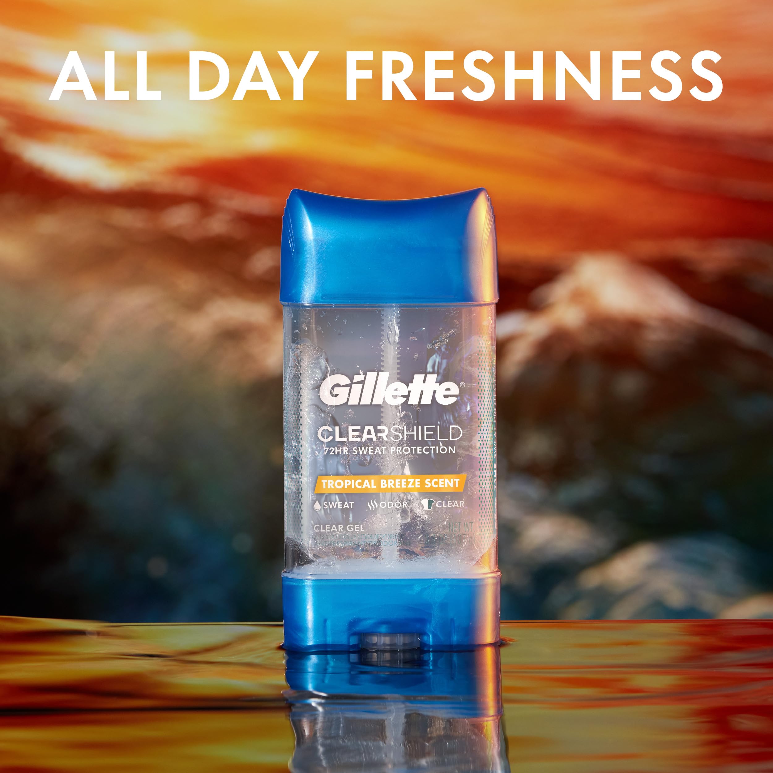 Buy now Gillette Antiperspirant and Deodorant for Men, 72hr Sweat & Odor Protection, Long Lasting Freshness, Anti-White Mark Technology, Clear Gel, Tropical Breeze Scent, 3.8 oz (Pack of 3) at indiglob india