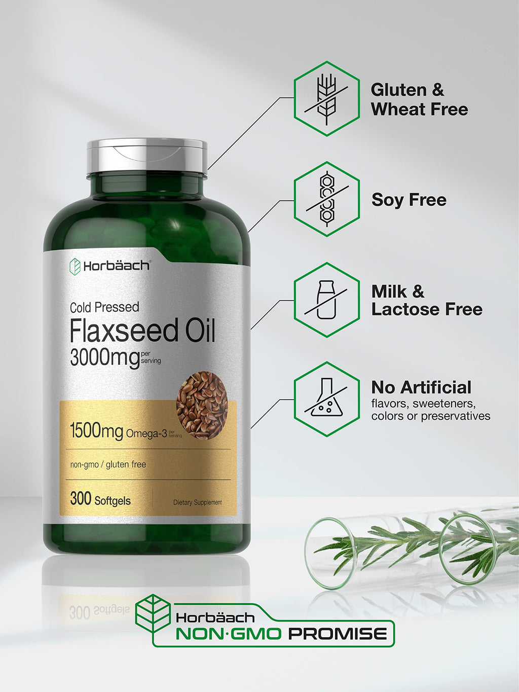 Horbäach Flaxseed Oil Softgel Capsules 3000mg | 300 Count | High Potency