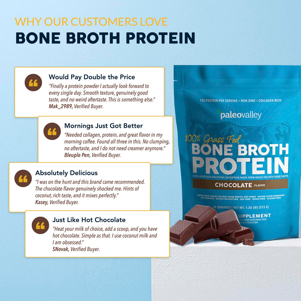 Paleovalley 100% Grass Fed Bone Broth Protein Powder, Chocolate | Collagen Rich, Digestive and Gut Health Support, Joint Support Hair, Skin and Nail Support, 13g Protein