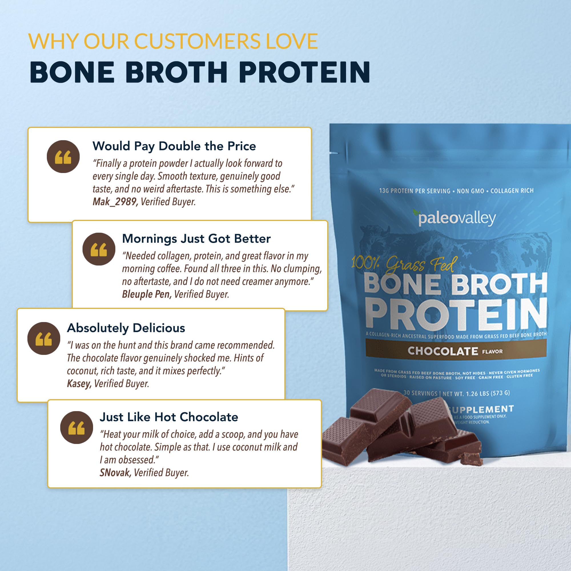 Paleovalley 100% Grass Fed Bone Broth Protein Powder, Chocolate | Collagen Rich, Digestive and Gut Health Support, Joint Support Hair, Skin and Nail Support, 13g Protein