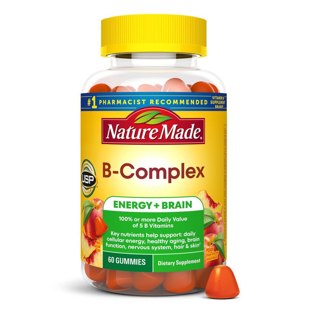 Nature Made Vitamin B Complex Gummies, 60 Pectin Based Gummies | With 5 B Vitamins for Energy and Brain Support, Gluten Free, Peach Flavor, 60 Day Supply
