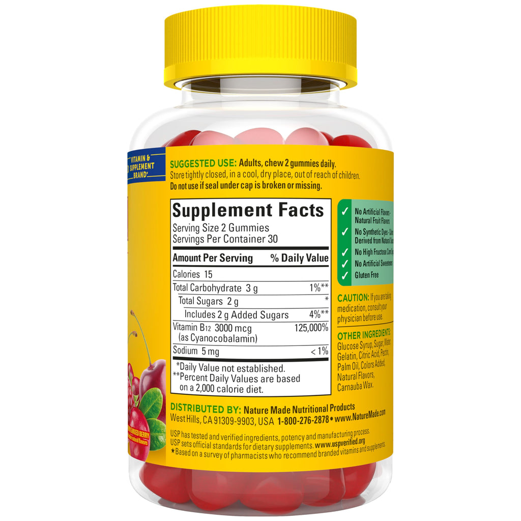 Nature Made Extra Strength Vitamin B12 Gummies 3000 mcg per Serving, 60 Ct | B12 Vitamins for Energy Metabolism Support, Gummy Vitamins for Men and Women, Mixed Berry Flavor, 30 Day Supply