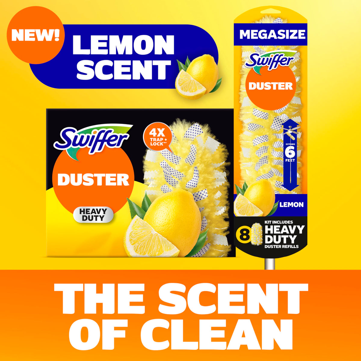 Swiffer Duster Kit with 6 ft Super Extendable Handle, Heavy Duty Starter Kit with 8 Refills, Lemon Scent