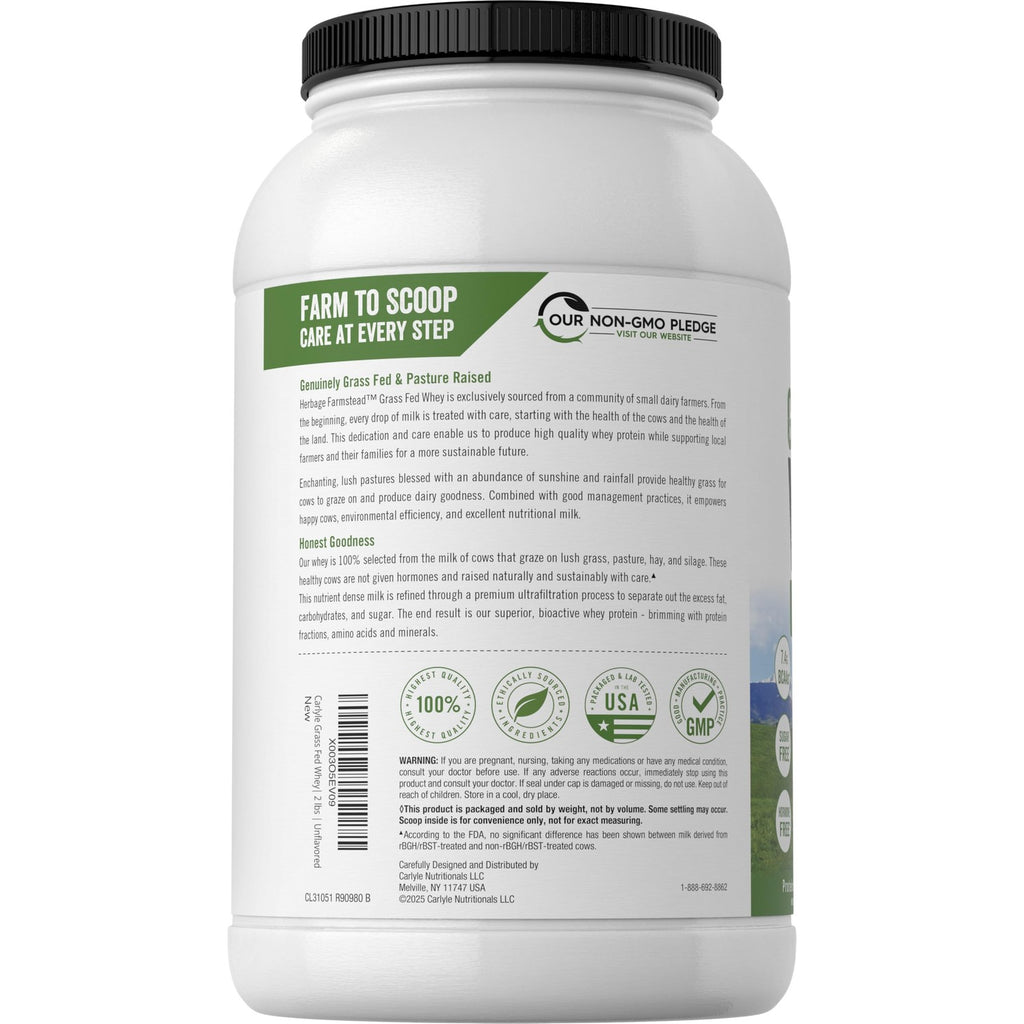 Carlyle Grass Fed Whey Protein Powder | 2lb | 33g of Protein Per Serving | Unflavored | Sugar and Hormone Free | Non-GMO and Gluten Free Supplement | By Herbage Farmstead