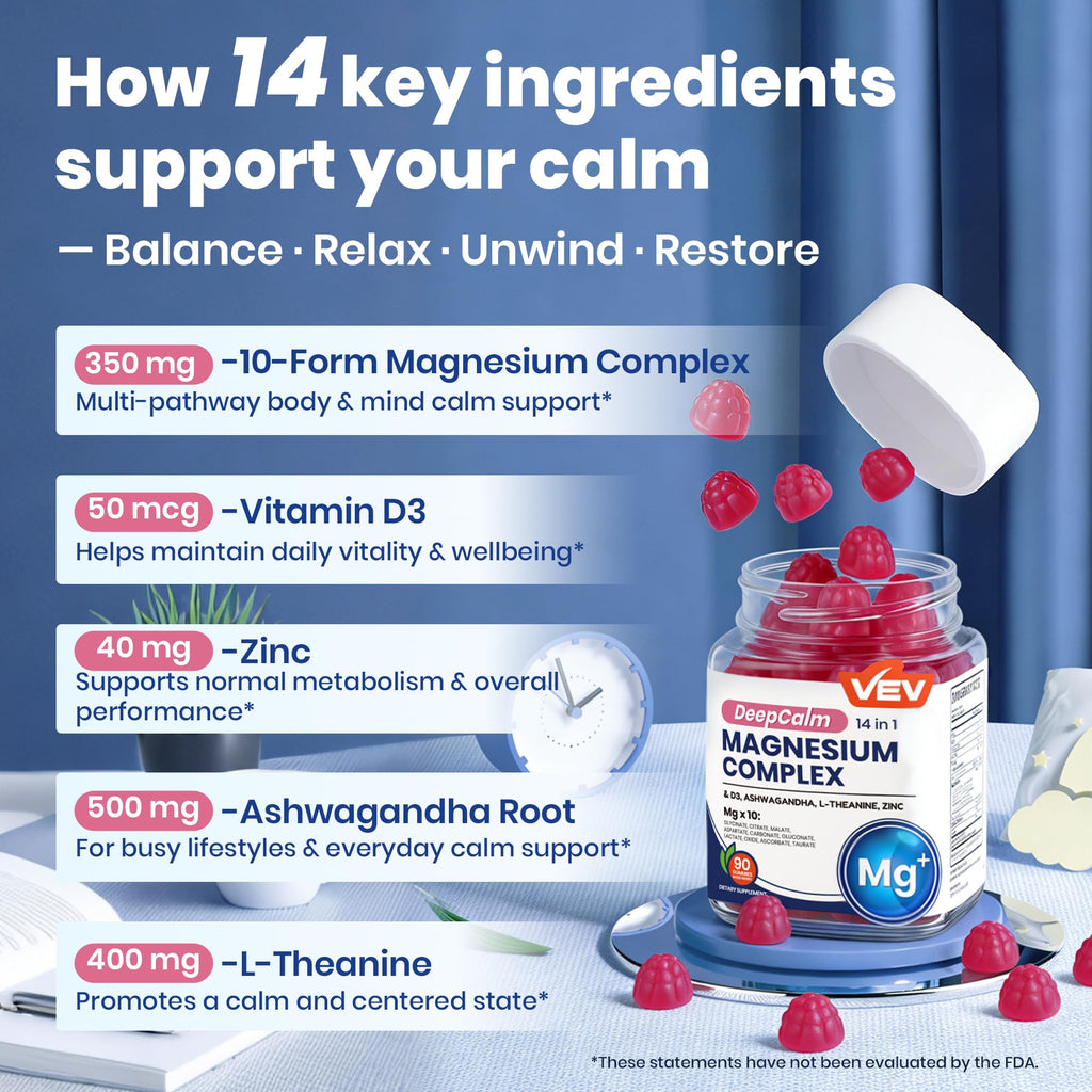 VEV Deep Calm Magnesium Complex 14-in-1 Glycinate Gummies for Women and Men | Sleep, with D3, Ashwagandha, L-theanine, Zinc – No Added Sugar Vegan Gummies –90 Count (Pack of 1)