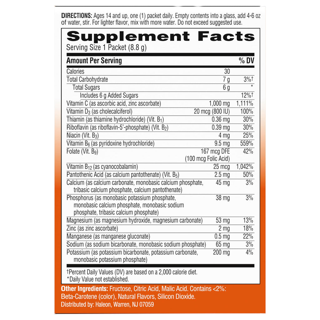 Emergen-C 1000mg Vitamin C Immune Support Powder, Super Orange, 10 ct | B Vitamins for Energy, Zinc and Manganese, Electrolytes, Natural Flavor, Caffeine Free, Portable