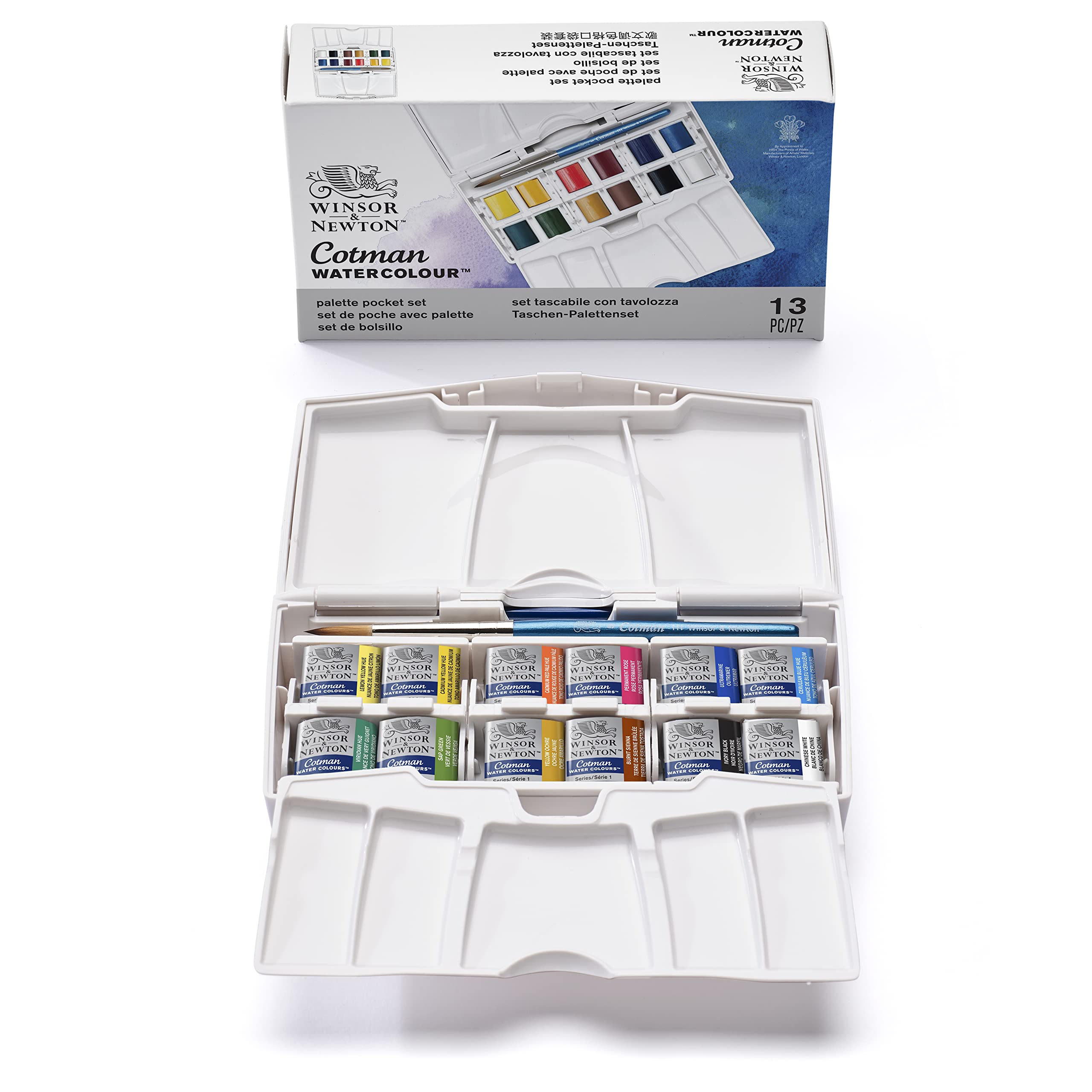 Buy now Winsor & Newton Cotman Watercolor Paint Set, Field Pocket Set, 12 Half Pan w/ Brush, Sponge, Bottle 12 Half Pan Palette Pocket Set at indiglob india