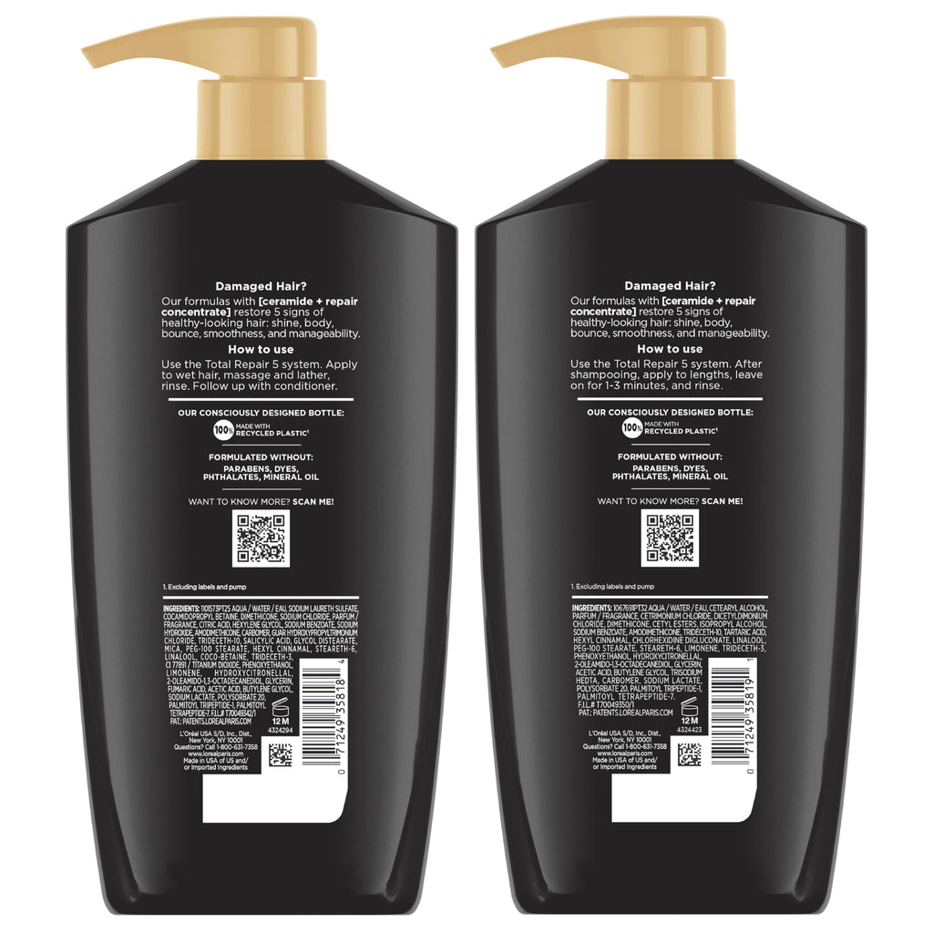 L'Oreal Paris Elvive Total Repair 5 Damage Reversing Shampoo and Conditioner Set for Dry and Damaged Hair, Hair Repair Formula with Protein and Ceramide, 56 Fl Oz Set