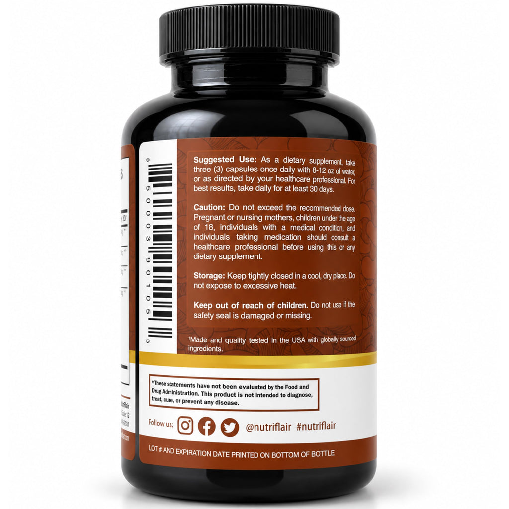 NutriFlair 10 Mushroom Complex Supplement 2600mg, 90 Capsules | Made in USA