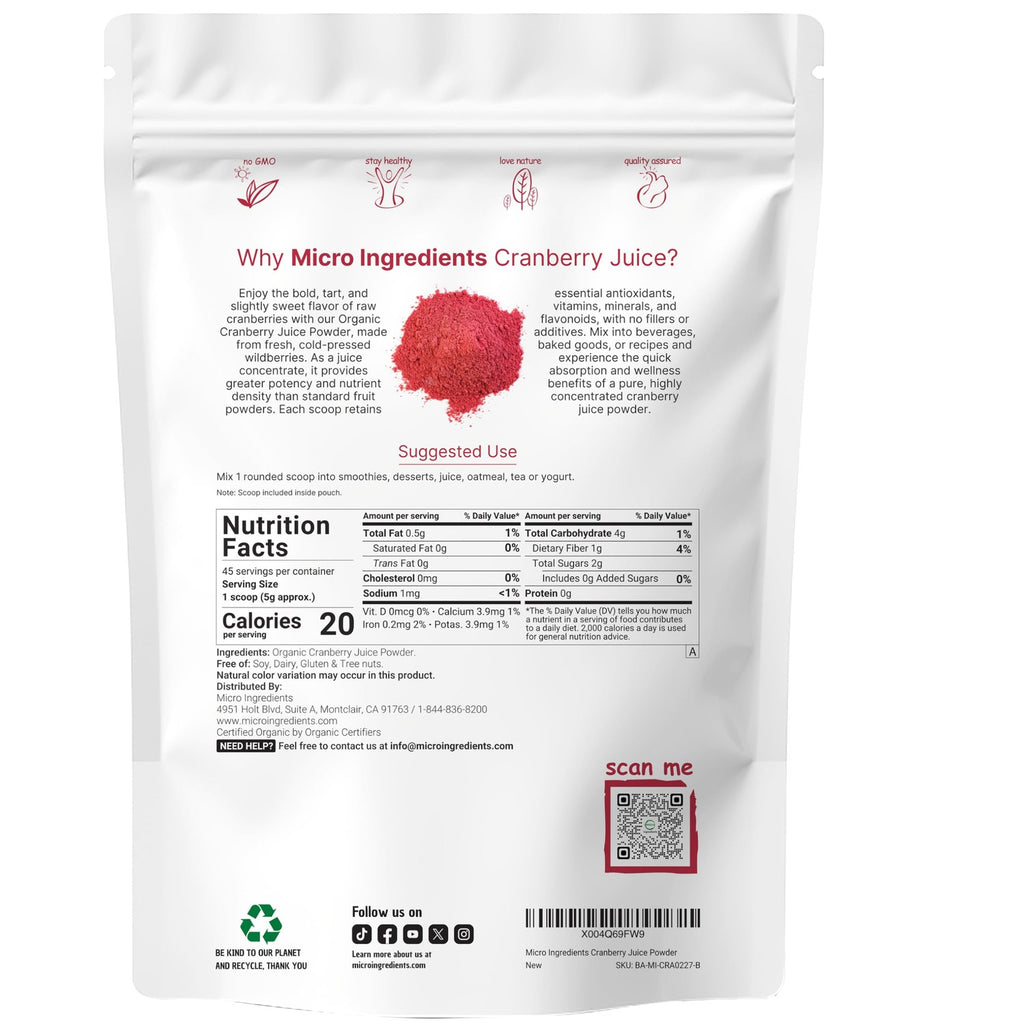 Sustainably US Grown, Organic Cranberry Juice Powder (Wild Cranberry Supplements Cold Pressed), 8 Ounce | Supports Urinary Tract Cleanse & Prostate Health* | Filler Free, Water Soluble, Pet Friendly