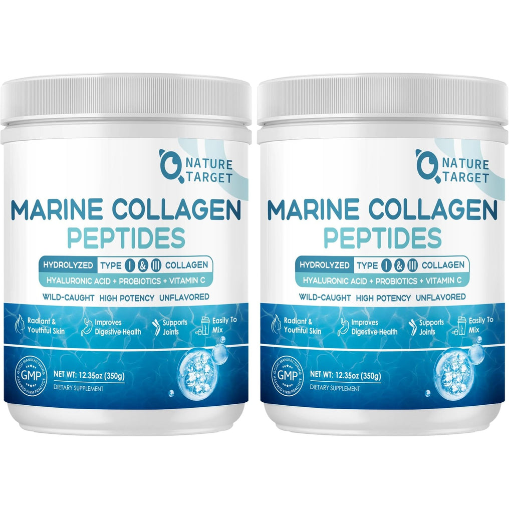 NATURE TARGET Marine Collagen Peptides Powder - Type I & III Collagen with Probiotics, Vitamin C & Hyaluronic Acid for Skin, Hair, Nails, Wild-Caught Fish & Grass-Fed Bovine, 35 Servings (Pack of 2)