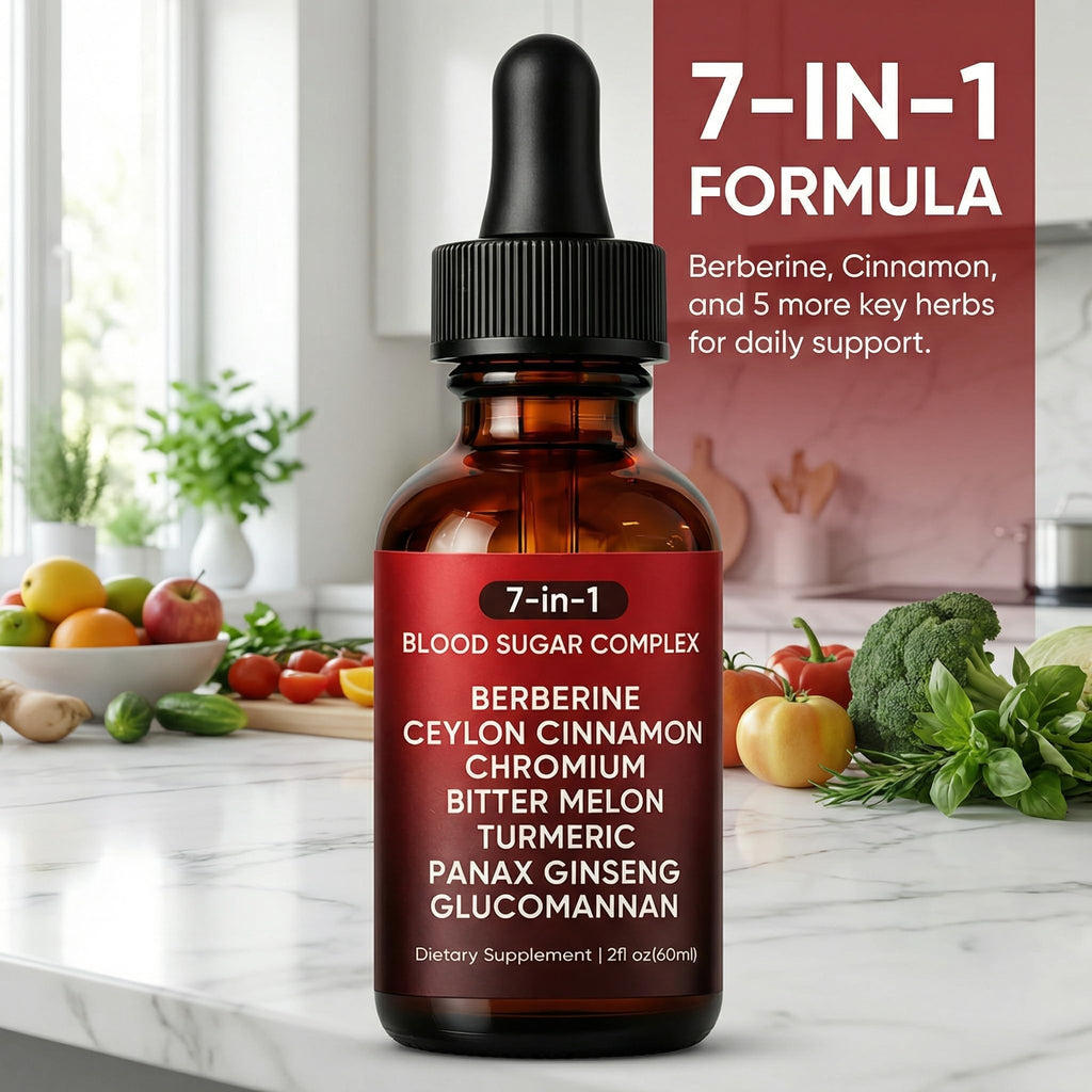 7-in-1 Complex Liquid Drops - Berberine with Ceylon Cinnamon, Chromium, Bitter Melon, Turmeric, Panax Ginseng & Glucomannan, Herbal Metabolic Support Supplement - 2fl oz