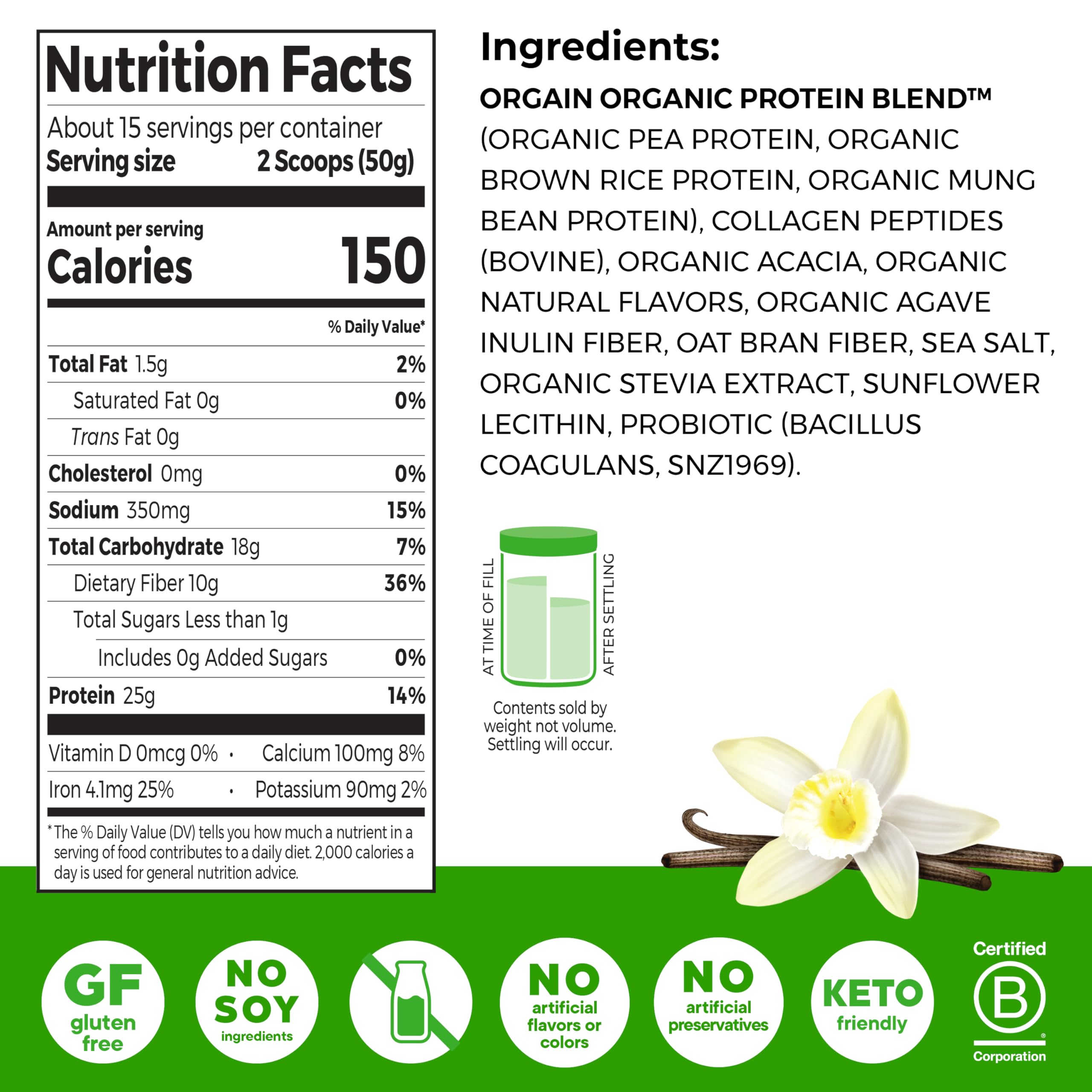Orgain Organic 25g Protein + 10g Collagen Powder, Vanilla Bean, 1.6lb | Plant based protein with collagen peptides type I & III, 1B CFU probiotics, supports hair, skin, nails, joints & gut health