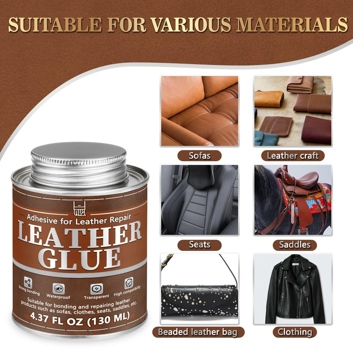 Leather Glue, 130ml Waterproof High Strength Adhesive, Clear Flexible Repair Cement for Bonding Between Sofas, Car Seats, Saddles, Crafting, DIY Projects