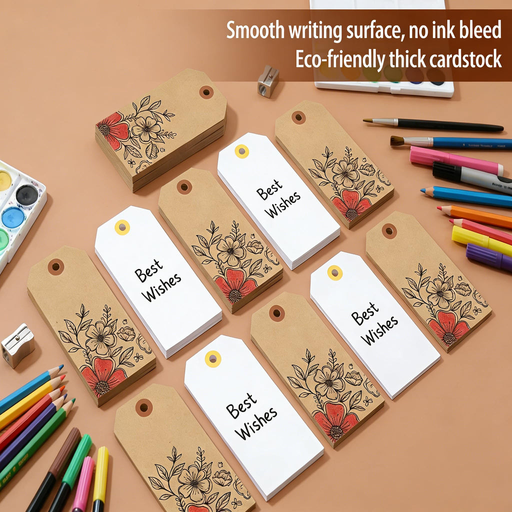 100 Pack Shipping Tags with Strings Included, Blank Hang Tags 4 3/4" x 2 3/8", Assorted White & Kraft Cardstock, Sturdy Marking Tags for Gifts, Clothing, Inventory & Price Tags