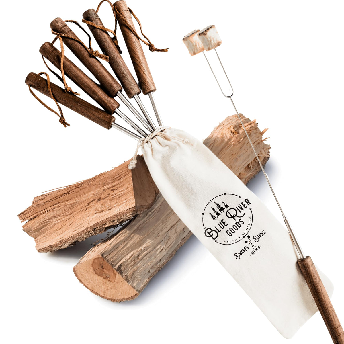 Blue River Goods Smores Sticks | Set of 6 Marshmallow Roasting Sticks | Extendable Stainless Steel w/Walnut Handles | Smore Sticks for Marshmallow Sticks for Fire Pit | Smore Sticks for Fire Pit