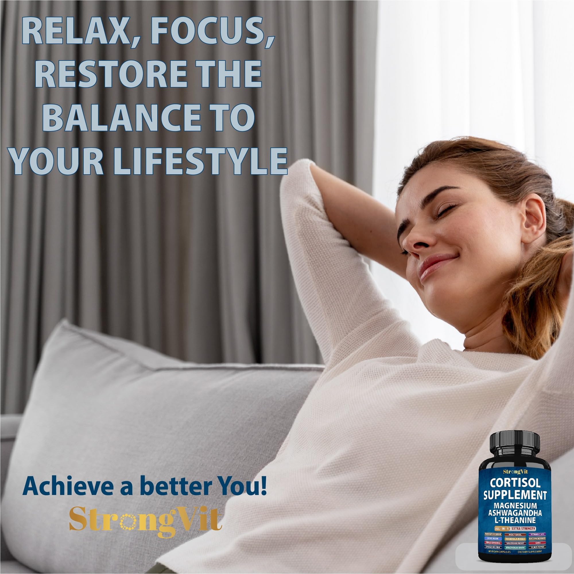 StrongVit Cortisol Supplements for Women and Men with Magnesium, Ashwagandha & L-Theanine. High Cortisol Reducer, Manager, Detox, Lower and Control. Sleep Support & Stress Relief, USA