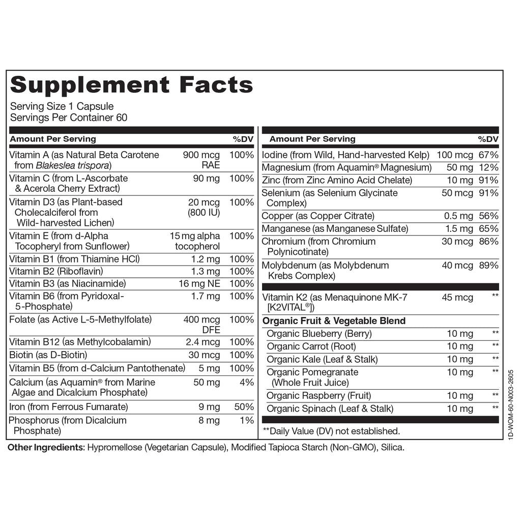 NATURELO One Daily Multivitamin for Women w/Vitamin B12, 60 Count | Energy Support, Whole Food Daily Women Multivitamin Supplement, Nourish Hair/Skin/Nail, Non-GMO, No Soy, Gluten Free