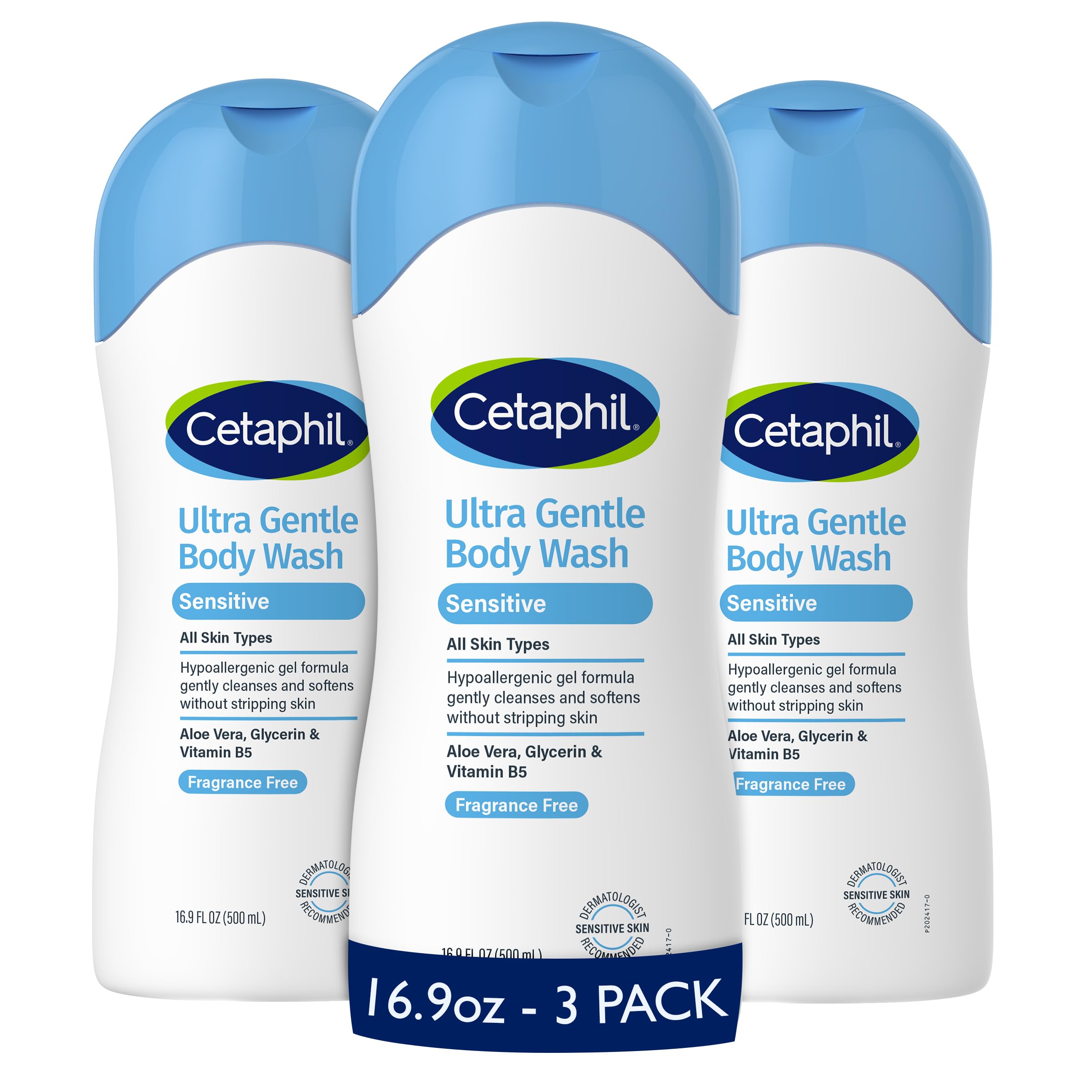 Cetaphil Ultra Gentle Refreshing Body Wash, Hypoallergenic, 16.9oz, 3ct | 3-Pack Value, Fragrance Free, Paraben Free, Hypoallergenic, Aloe Vera, Vitamin B5, Dry To Normal Skin, Dermatologist Tested