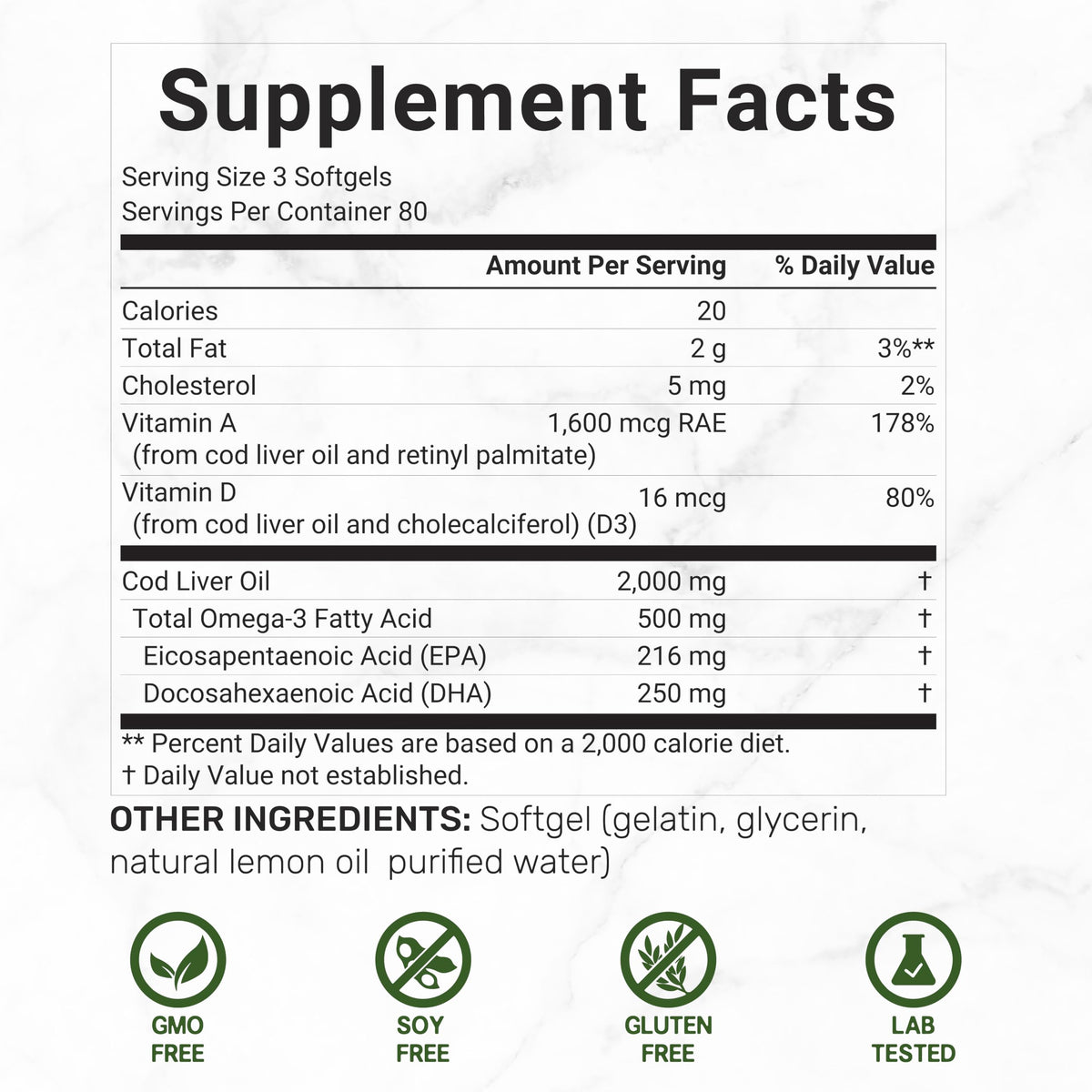 Wild Caught Cod Liver Oil 2,000mg Per Serving, 240 Softgels – Extra Strength EPA DHA Omega 3 with Vitamin D & A – Burpless, Lemon Flavored – Vision, Heart, Brain, & Immune Support