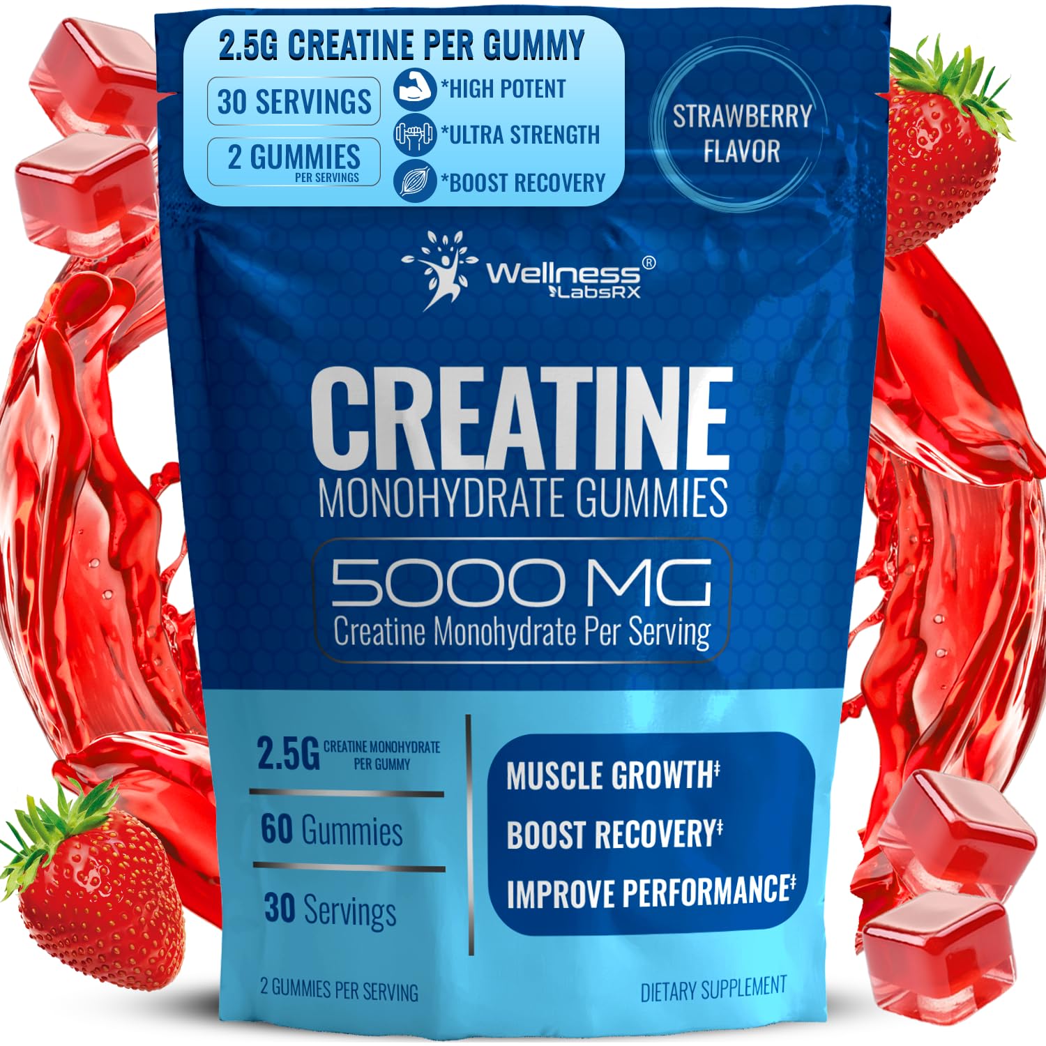 Creatine Gummies for Women & Men, Creatine Monohydrate Gummies, Blueberry | 30 Servings, 5g per Serving Creatine for Women, Muscle Growth, Strength & Recovery, Chewable Gummy Creatine for Men, 1 Pack
