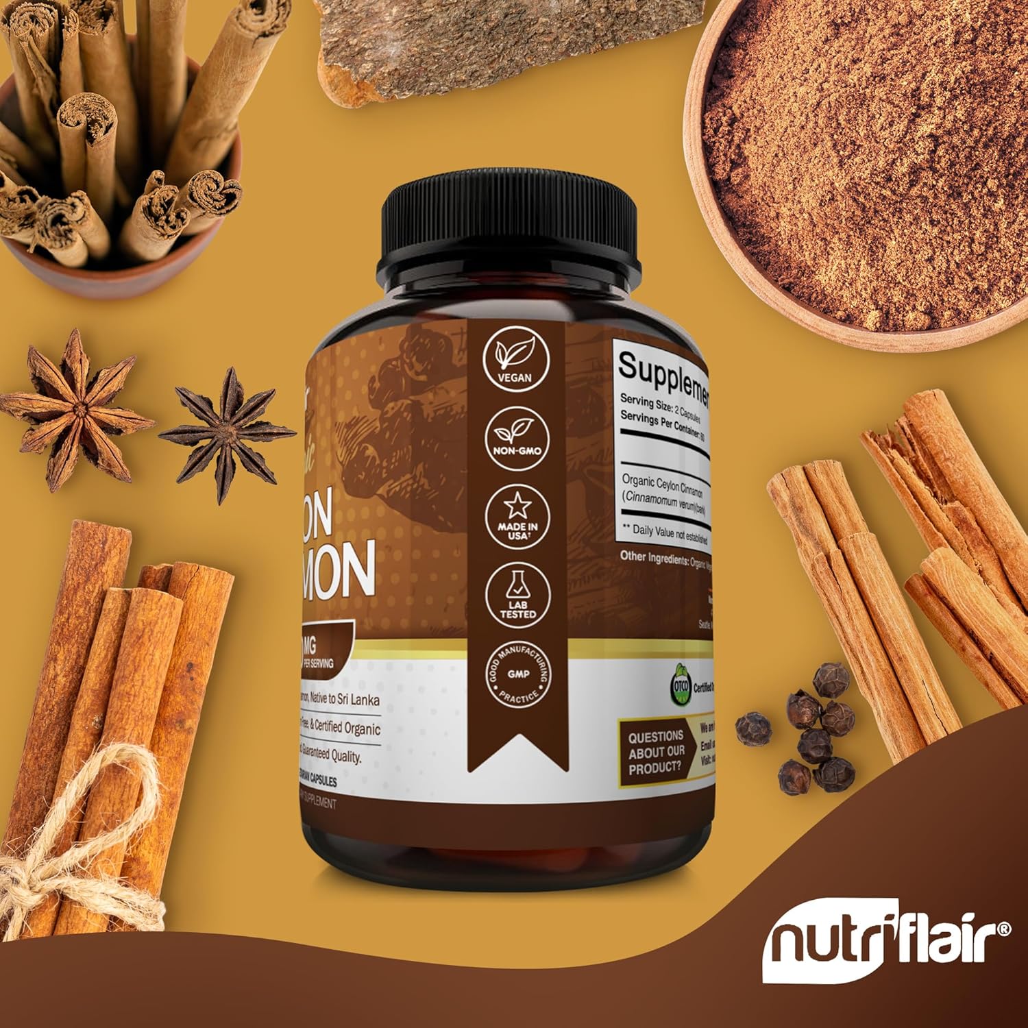 Buy now NutriFlair Organic Ceylon Cinnamon Supplement 1200mg, 120 Capsules - USDA Certified - Non-GMO, Gluten Free Powder, Antioxidant Pills at indiglob india