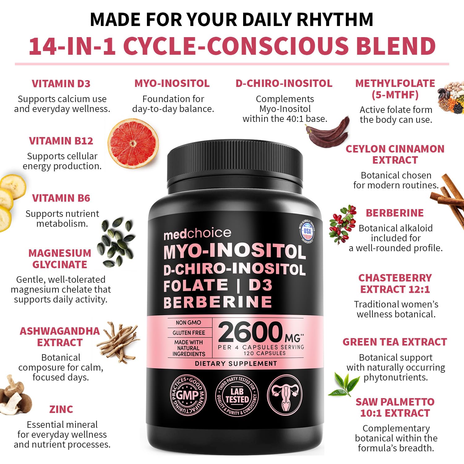 14-in-1 Women’s Inositol Complex Supplement – 40:1 Myo & D-Chiro Inositol with Folate, Vitamin D3, Zinc, Magnesium & Botanicals for Hormone & Feminine Wellness Support – (120 Capsules) (Pack of 2)