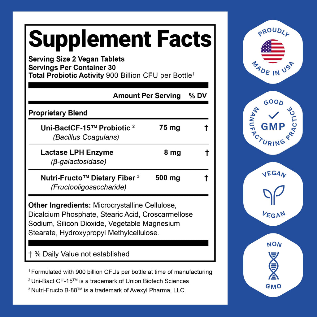 Probiotics for Women and Men - with Lactase Enzyme and Prebiotic Fiber for Digestive Health - 80 Percent + More Potent Supplement for Gut Health Support - Vegan Formula