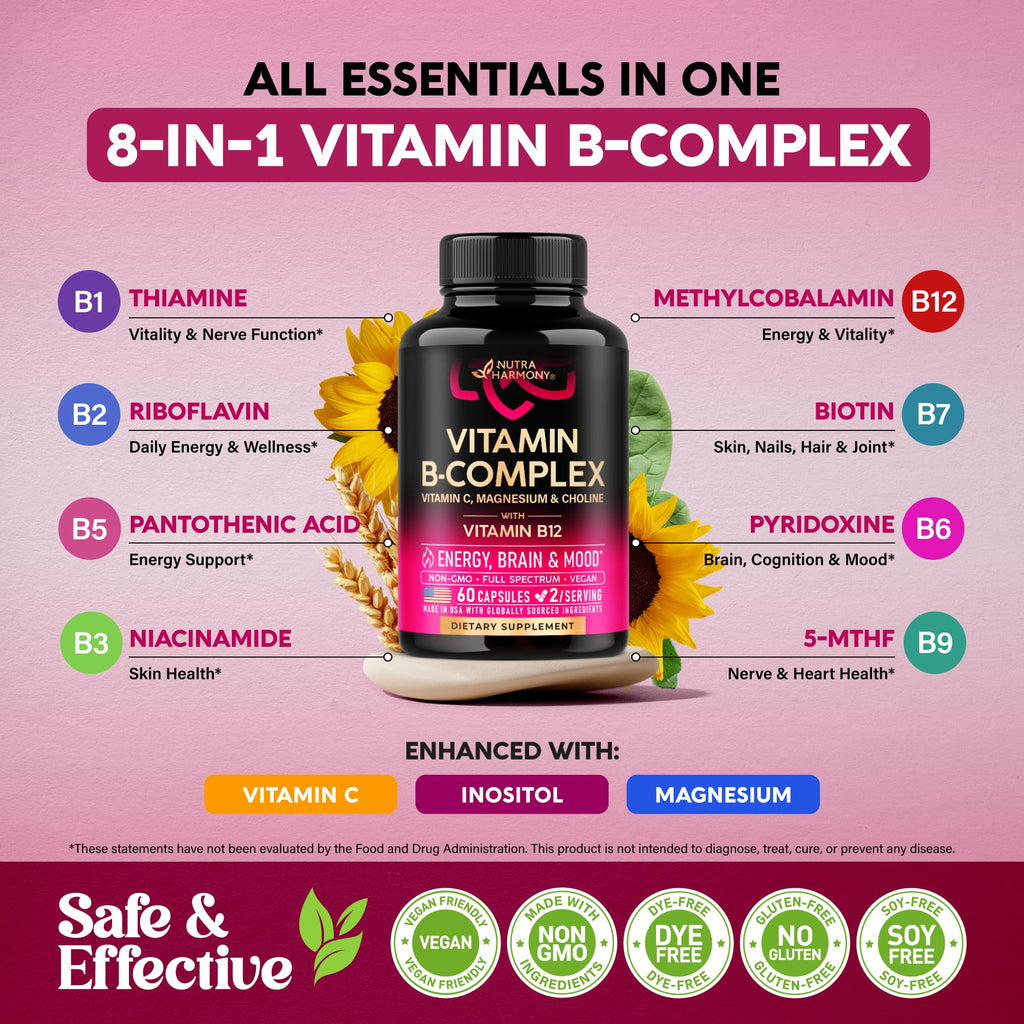 Vitamin B Complex for Men & Women - Full B-Complex & Vitamin B12 - 60 Caps | B1, B2, B3, B5, B6, B7, B9, B12 with Vitamin C, Magnesium, Choline, Inositol - Energy, Brain & Mood Support Supplement
