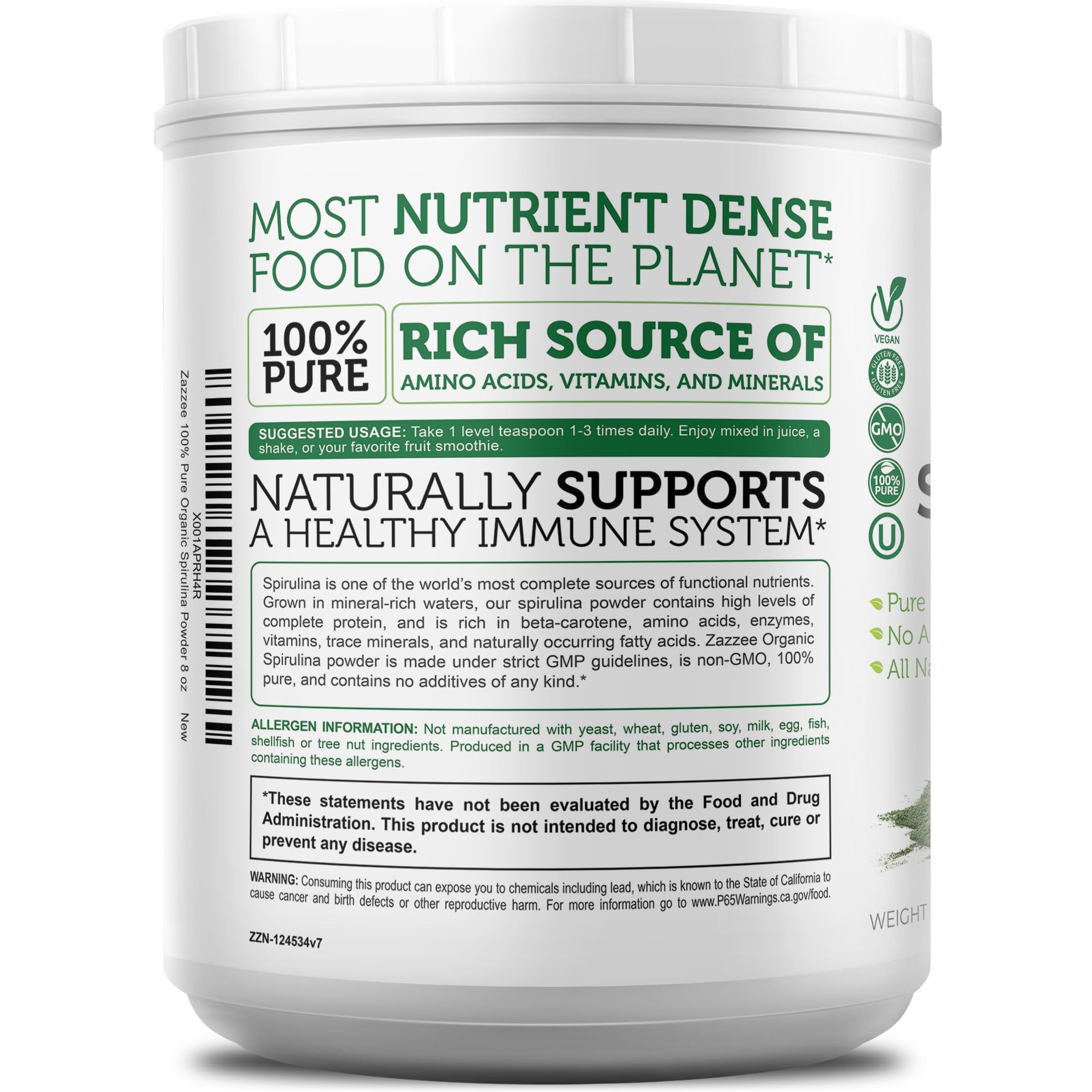 Zazzee USDA Organic Spirulina Powder, 8 Ounces, 68 Servings, 100% Pure | Certified Kosher, Non-Irradiated, Mess-Free Wide Mouth Container, Fresh Smell and Neutral Taste, Non-GMO, Made in USA