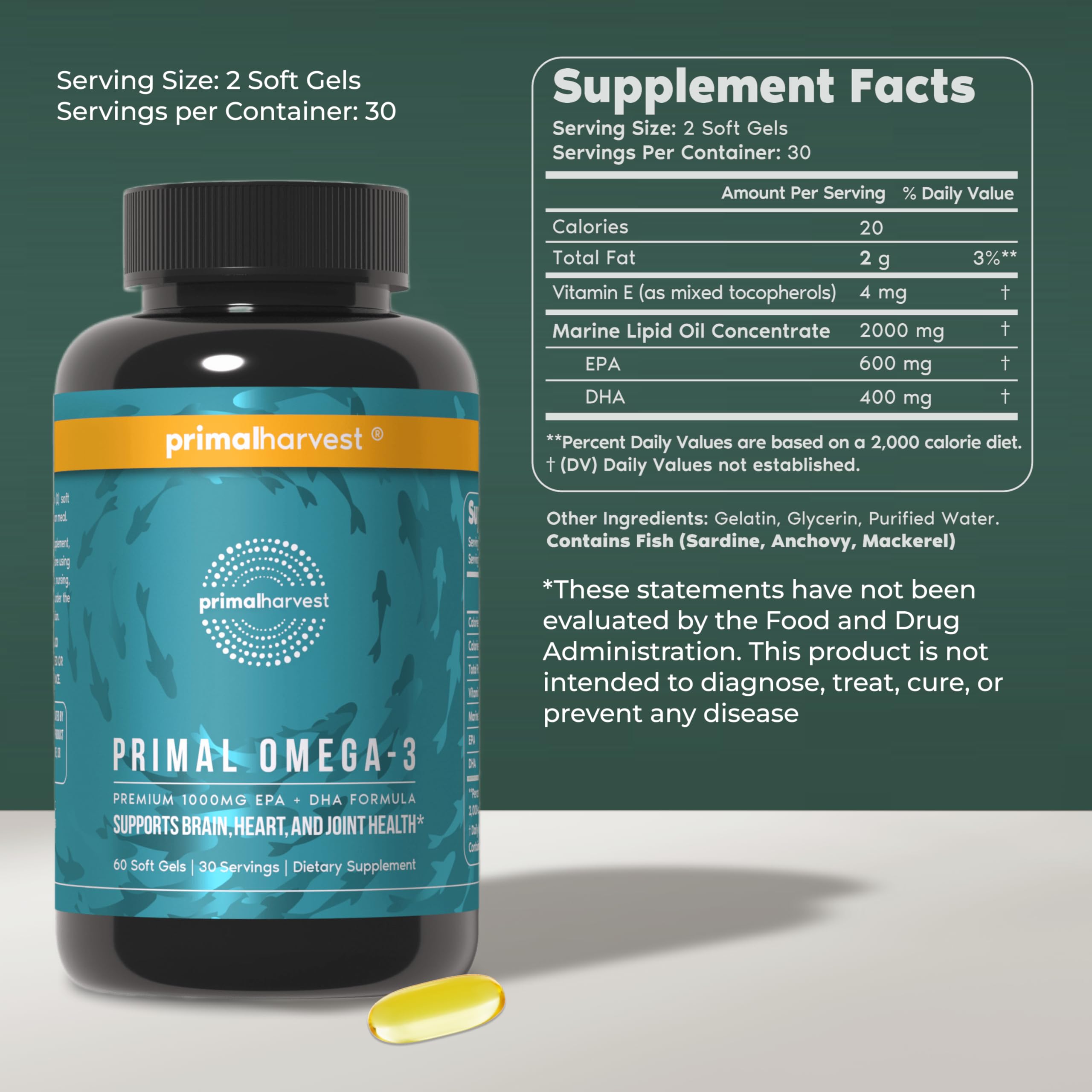 Primal Harvest Omega-3 - Daily Supplement, Gluten, Dairy & Soy Free
