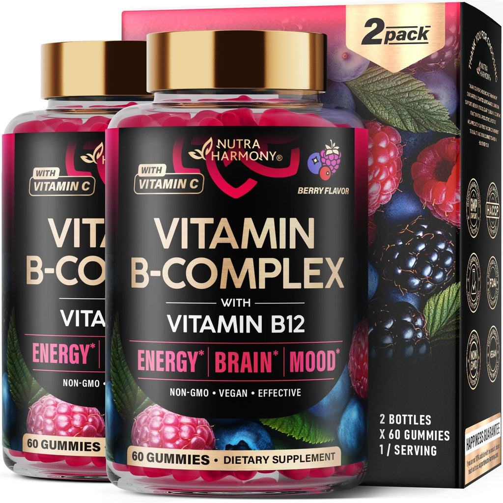 Vitamin B-Complex Gummies for Women & Men - Full B Complex & B12 - 60 Gummy | Vitamin B12, B1, B2, B3, B5, B6, B7 & B9 with Vitamin C & Choline - Energy, Brain & Mood - Natural Berry Flavor, Vegan