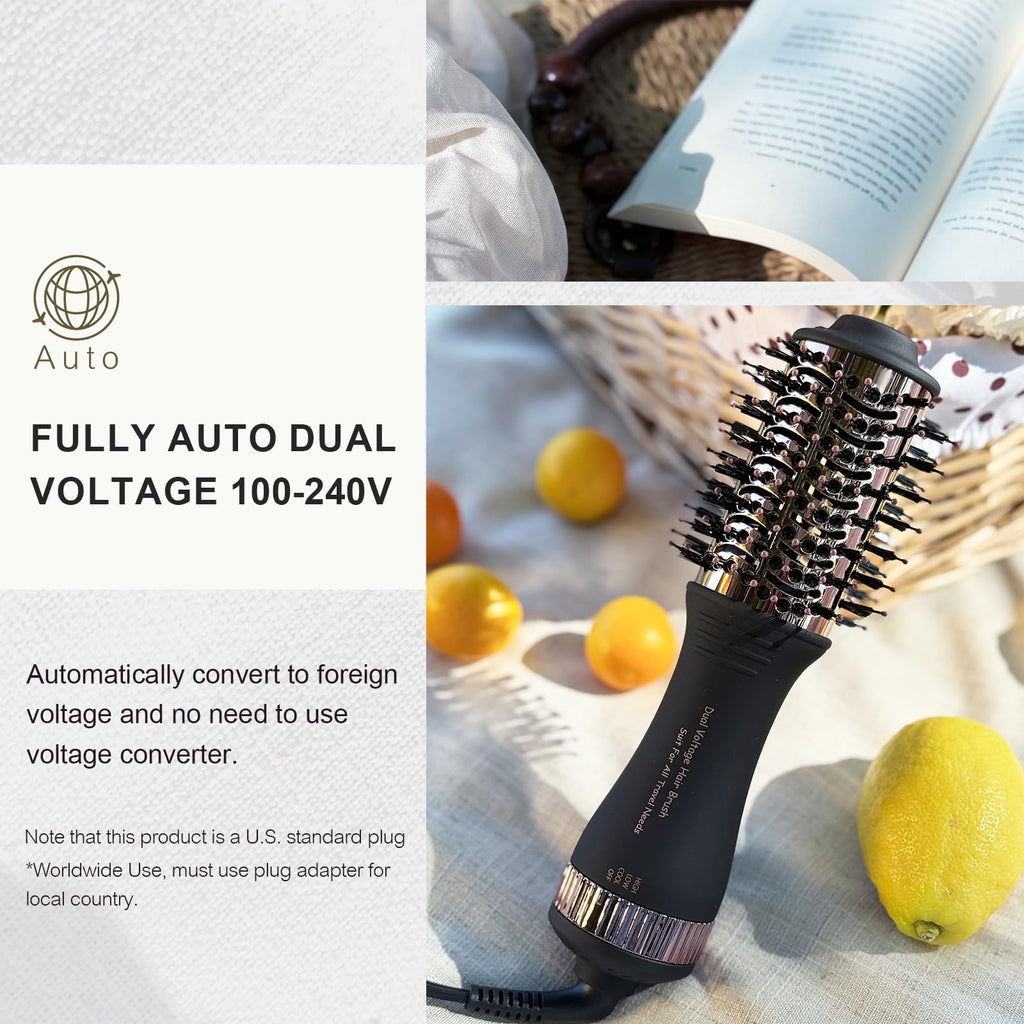 Premium imported 4-in-1 travel hair dryer; auto dual voltage 100-240V, perfect for global use with local plug adapter.