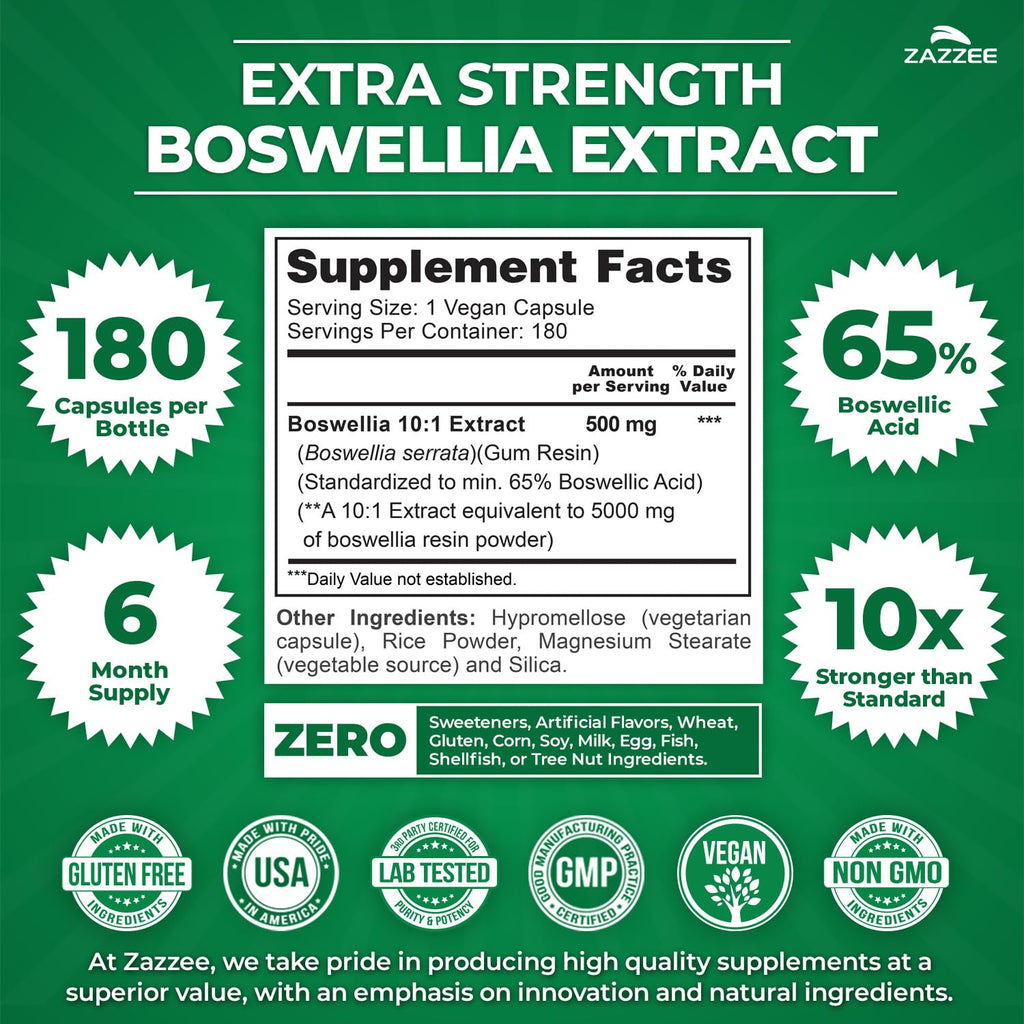 Zazzee Extra Strength Boswellia 10:1 Extract, 180 Capsules, 6 Month Supply | 65% Boswellic Acid, Vegan, Boswellia Serrata, Joint Comfort, Mobility & Flexibility Support, Non-GMO, Made in the USA