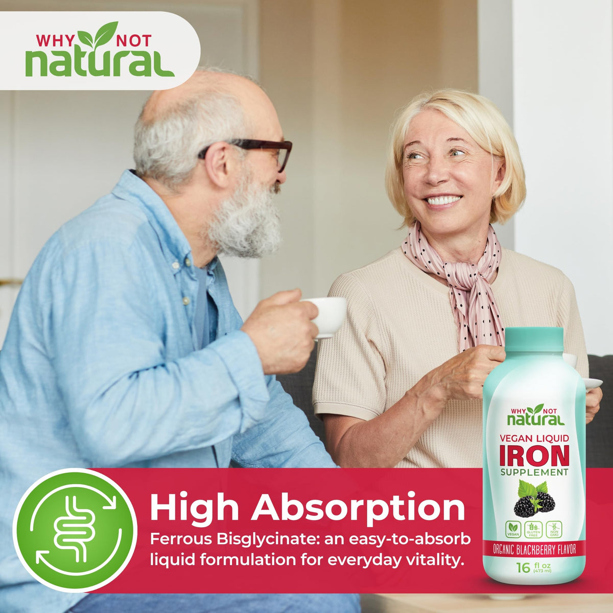 Why Not Natural Liquid Iron Supplement for Women, Men and Kids, Vegan Formulation for Anemia, Sugar Free, Vegan, Non-GMO, Organic BlackBerry Flavor 16 Fl Oz