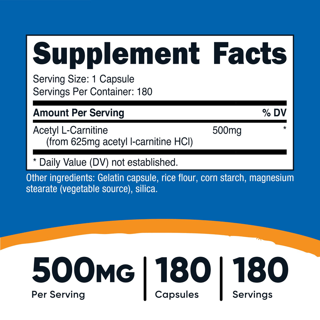 Nutricost Acetyl L-Carnitine (ALCAR) 500mg, 180 Capsules | GMO-Free and Gluten Free, 180 Servings