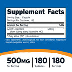 Nutricost Acetyl L-Carnitine (ALCAR) 500mg, 180 Capsules | GMO-Free and Gluten Free, 180 Servings