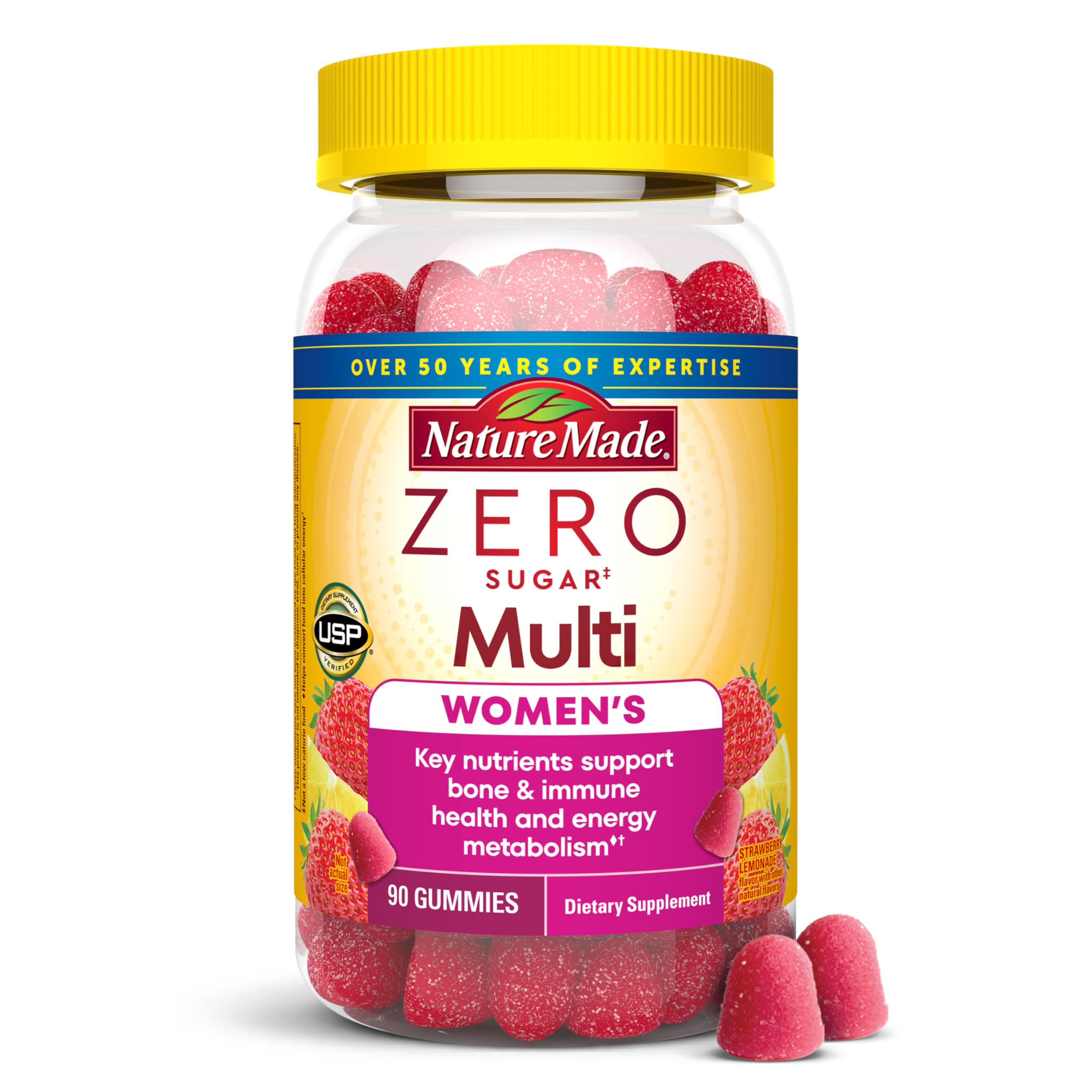 Nature Made Zero Sugar Multivitamin Women's Gummies, 90 Sugar Free Gummies | Women's Multivitamin Gummies for Bone & Immune Support, Aspartame Free, Strawberry Lemonade Flavor, 45 Day Supply