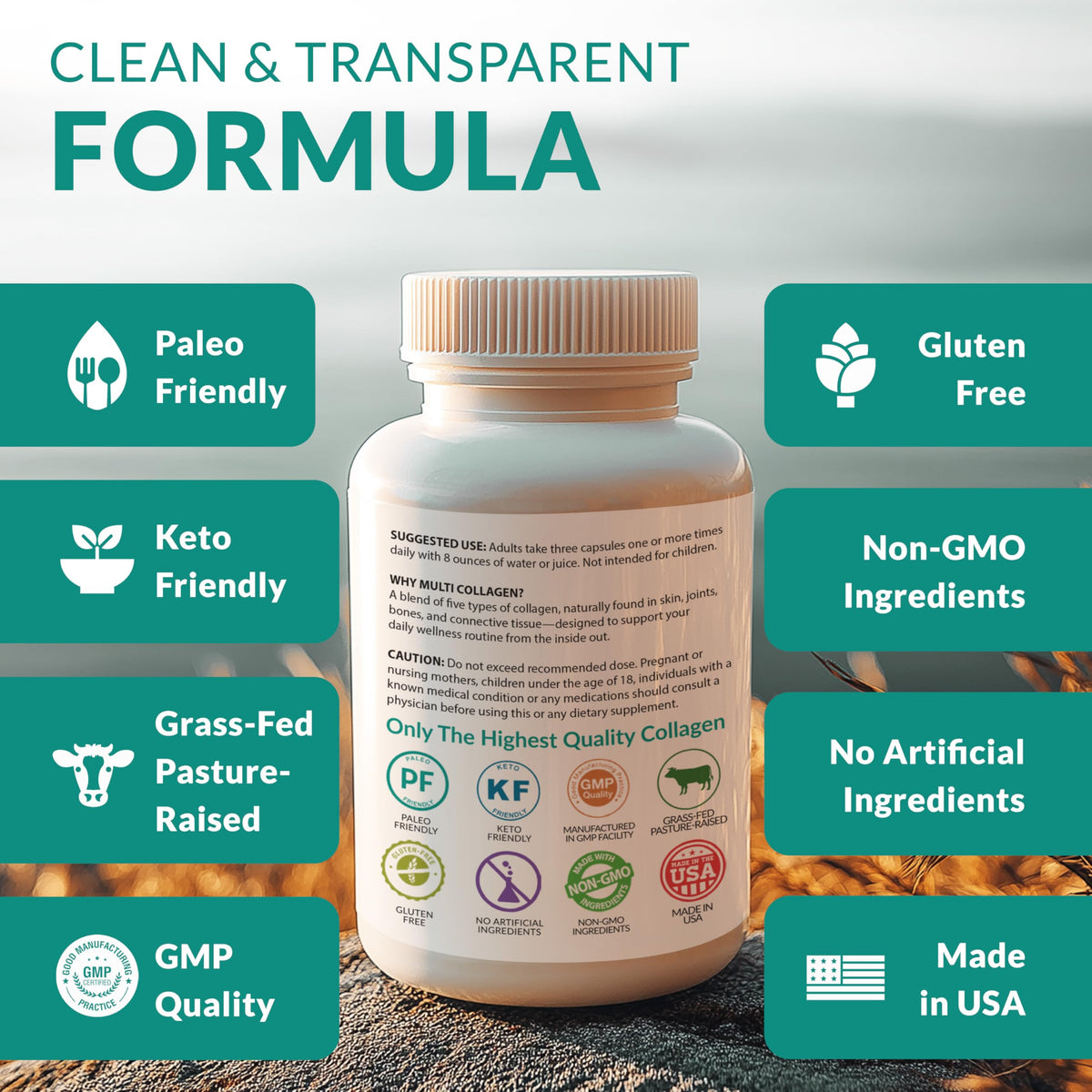 Multi Collagen 180 Protein Capsules - Type I, II, III, V, X Collagen Pills - Proprietary Blend of Eggshell, Chicken, Wild Fish & Grass-Fed Beef Collagen Peptides - 2025mg per serv